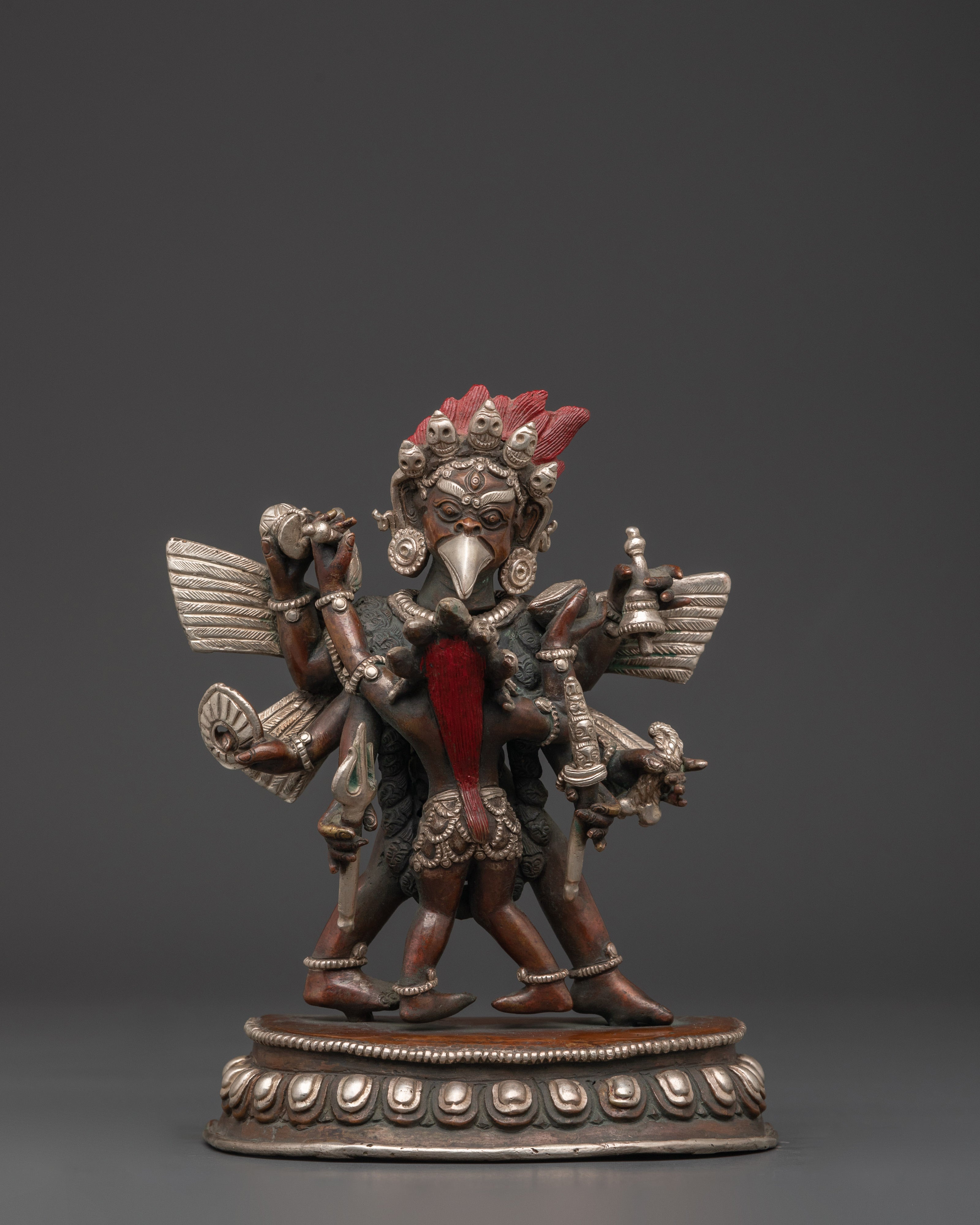 Garuda With Consort Figurine | Handcrafted Oxidized Copper & Silver Plated Statue