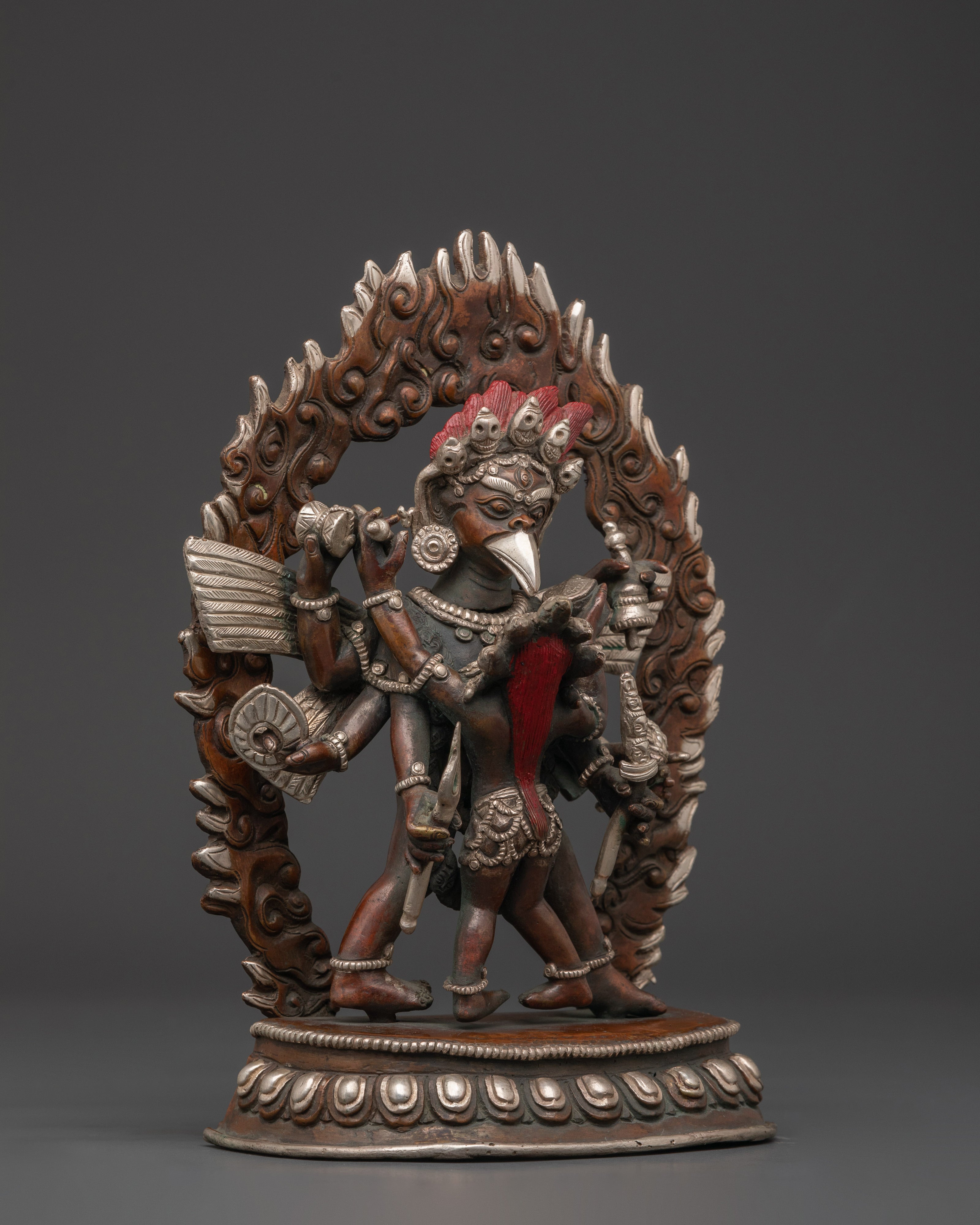 Garuda With Consort Figurine | Handcrafted Oxidized Copper & Silver Plated Statue