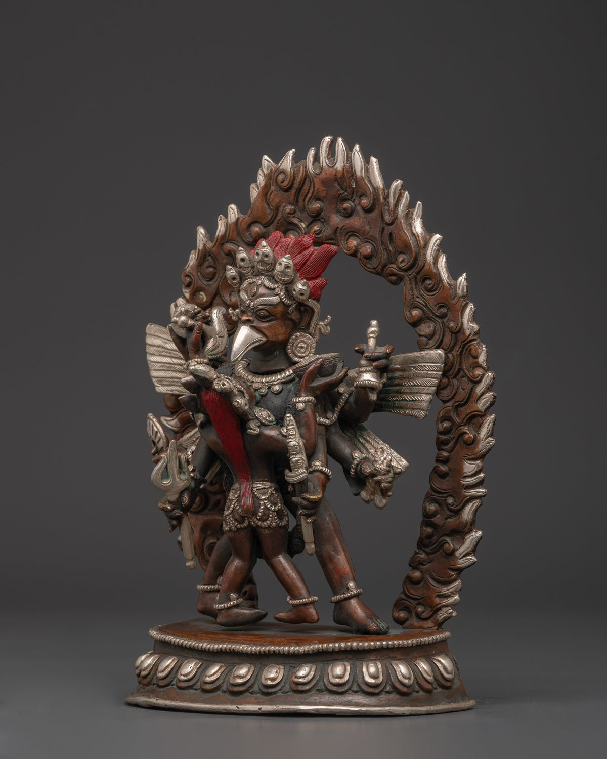 Garuda With Consort Figurine | Handcrafted Oxidized Copper & Silver Plated Statue
