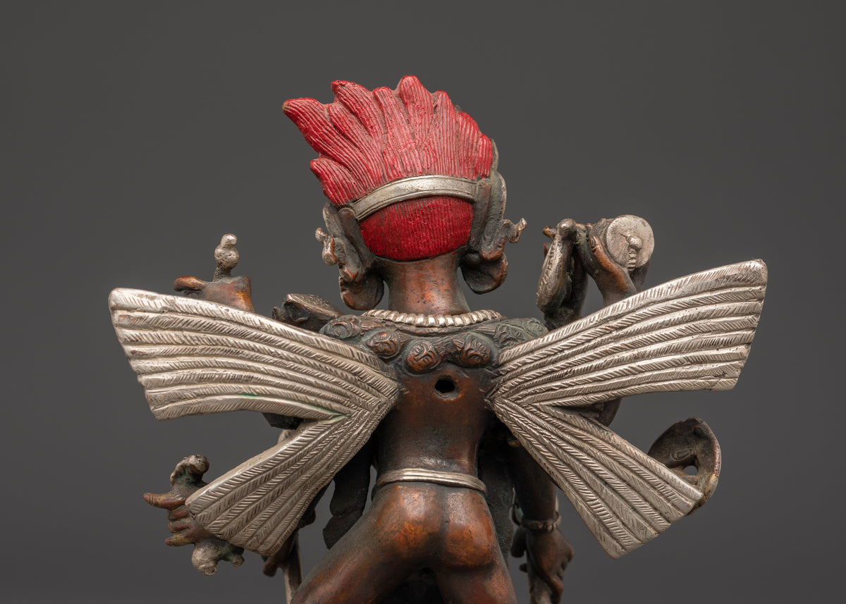 Garuda With Consort Figurine | Handcrafted Oxidized Copper & Silver Plated Statue