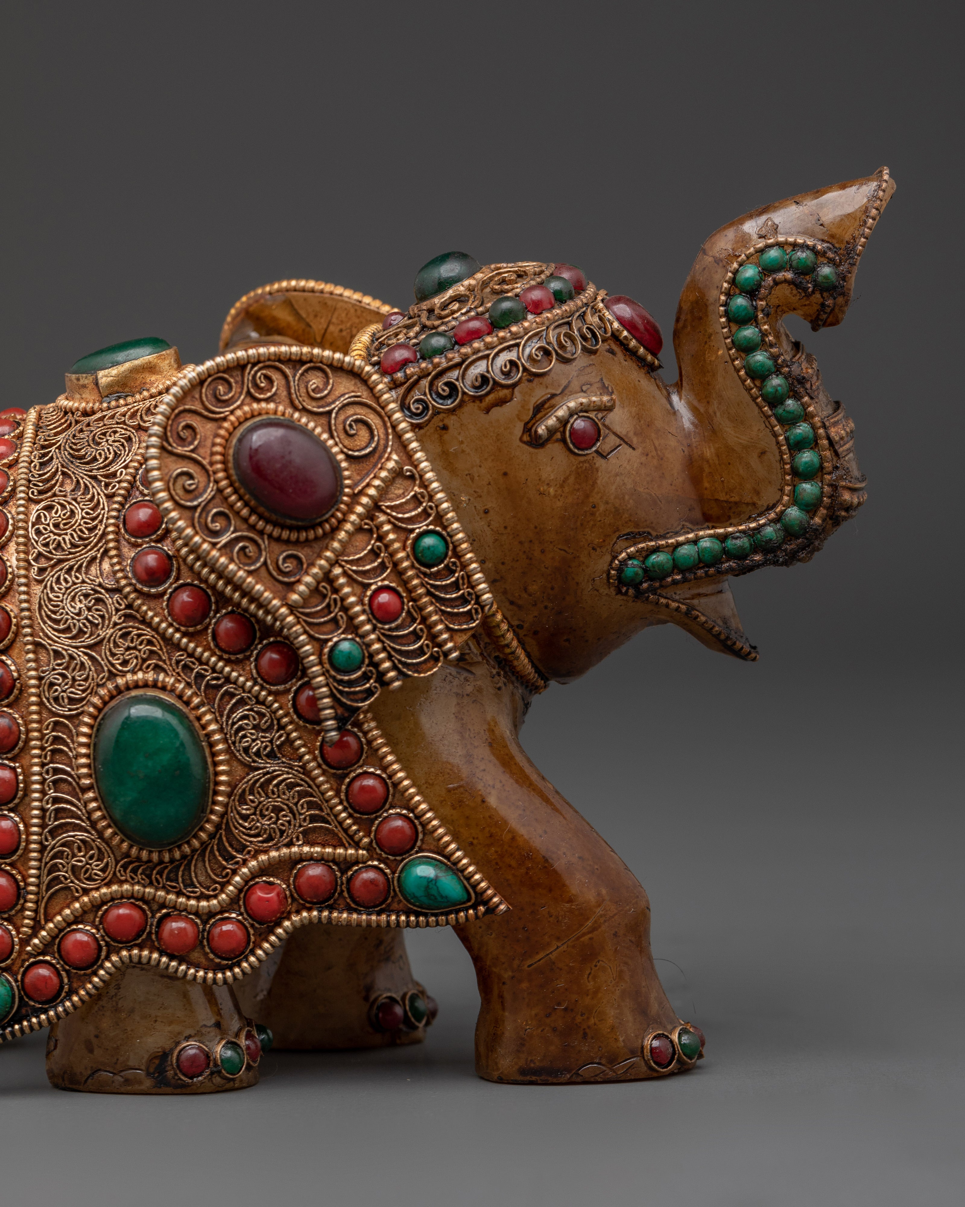 Handcrafted Crystal Elephant Statue with Coral & Turquoise Detail