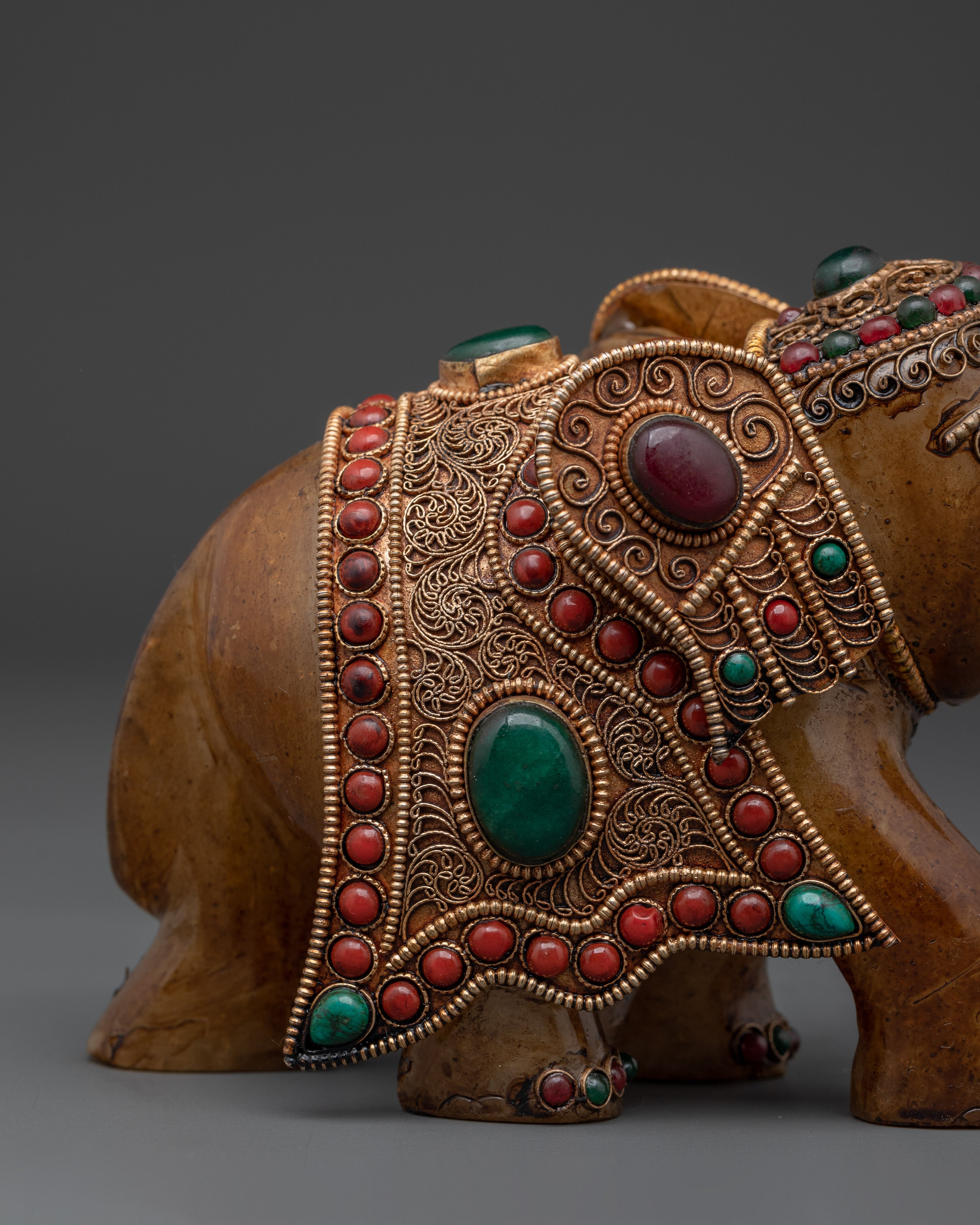 Handcrafted Crystal Elephant Statue with Coral & Turquoise Detail