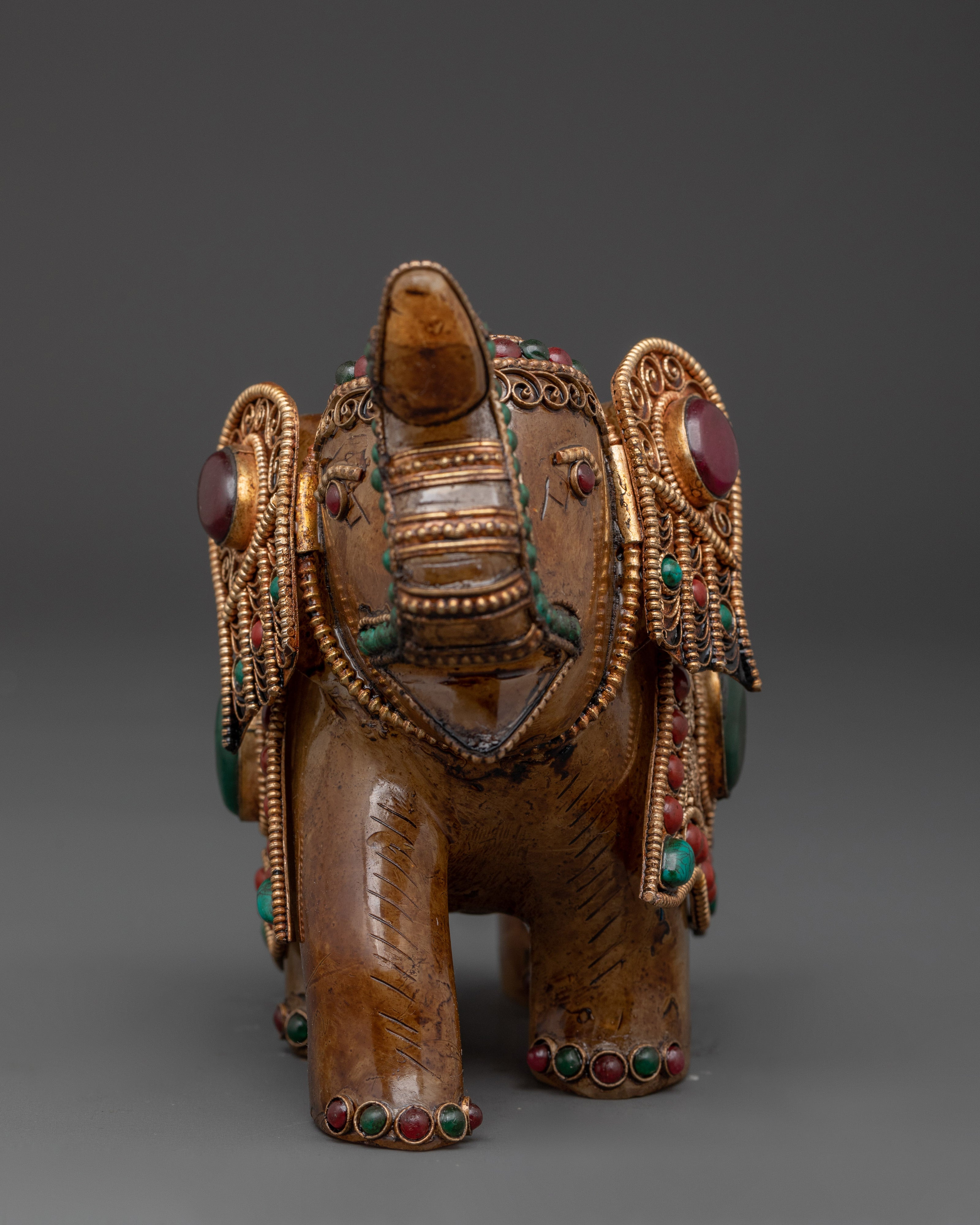Handcrafted Crystal Elephant Statue with Coral & Turquoise Detail