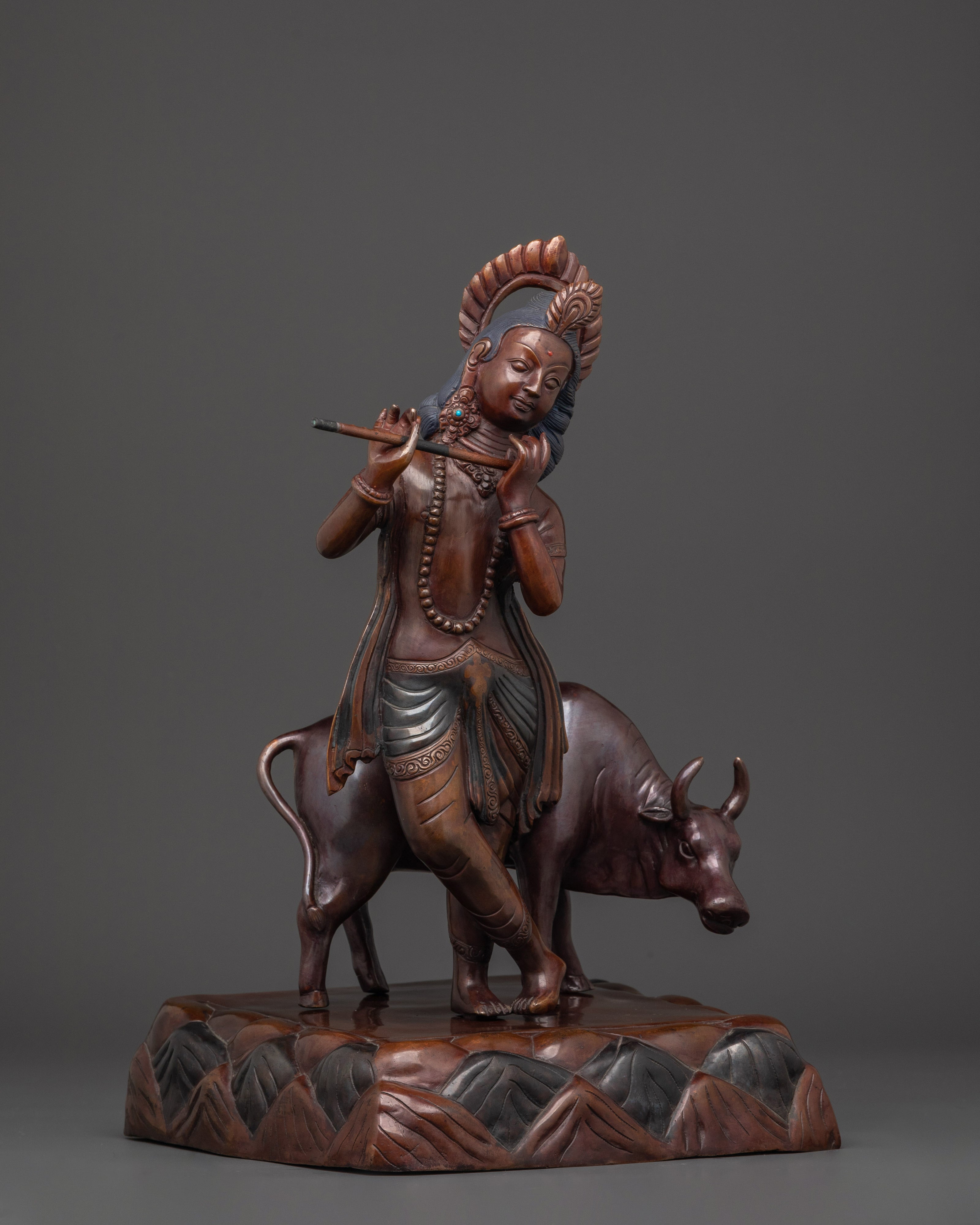 Traditional Krishna Carving Statue | Handcrafted Oxidized Copper Artwork