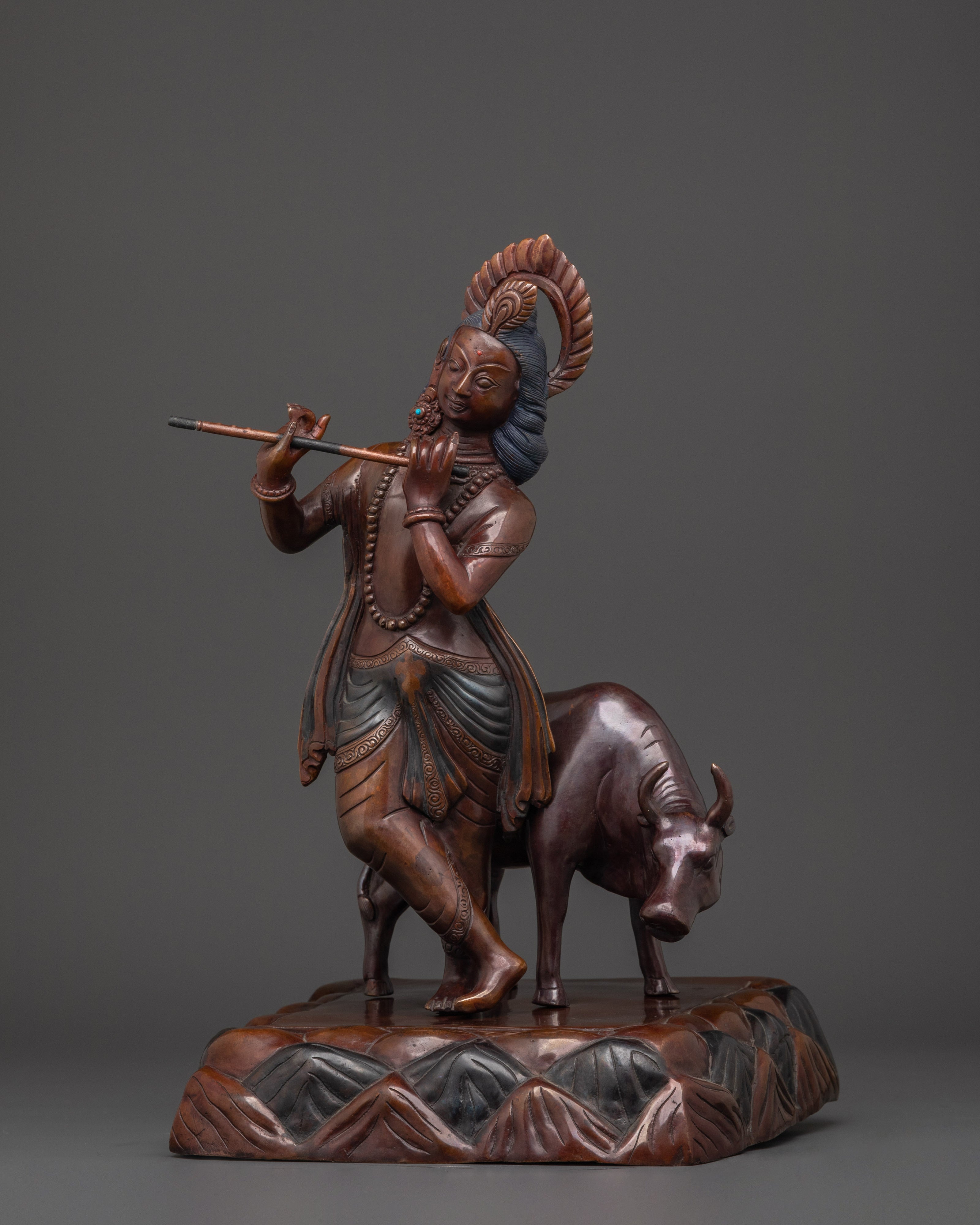 Traditional Krishna Carving Statue | Handcrafted Oxidized Copper Artwork