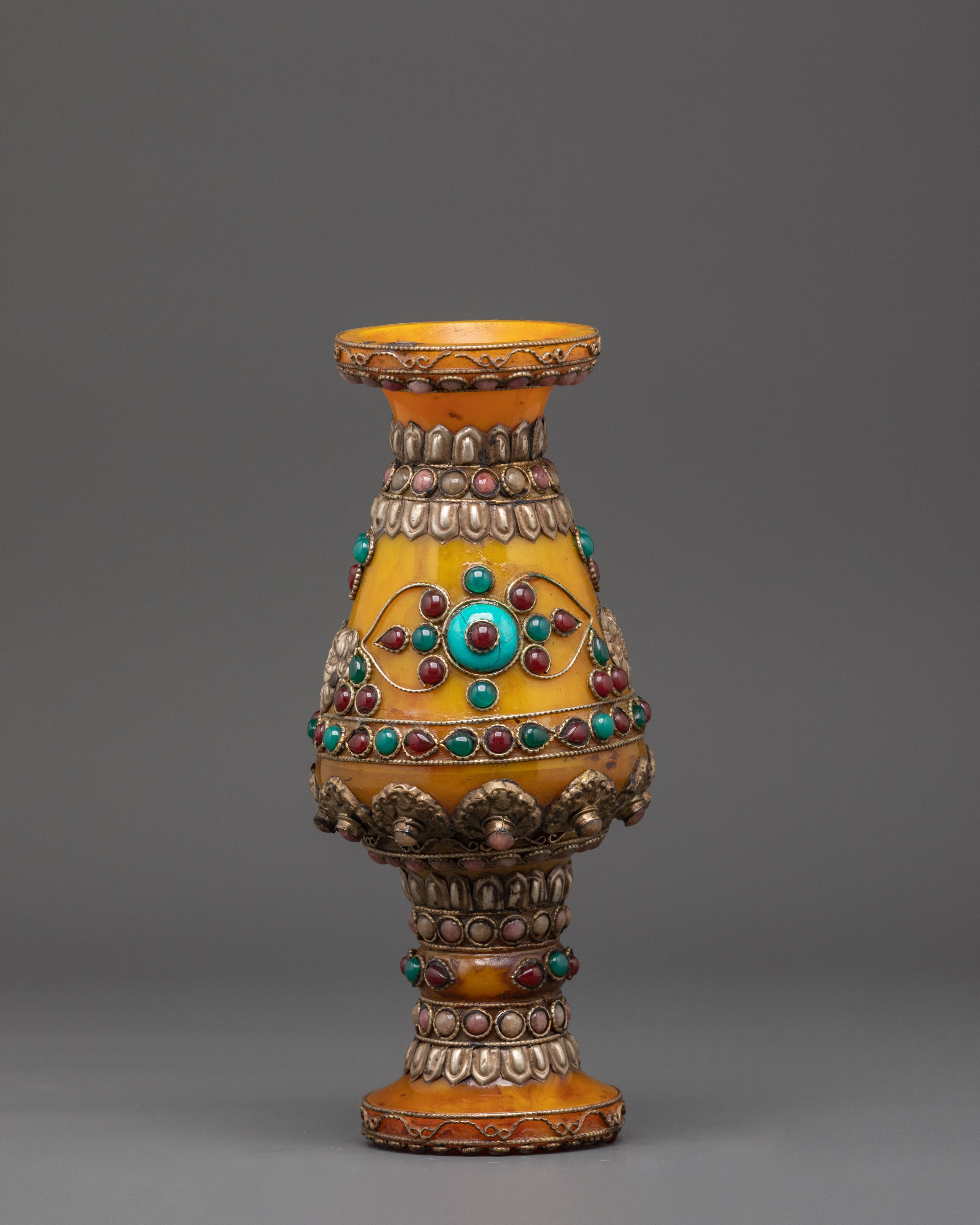 Tibetan Style Flower Vase | Handmade White Metal Vase for Altar, Deco
