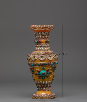 Tibetan Style Flower Vase | Handmade White Metal Vase for Altar, Deco