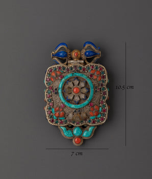 Tibetan Ghau Locket Charm | Silver Pendant with Turquoise