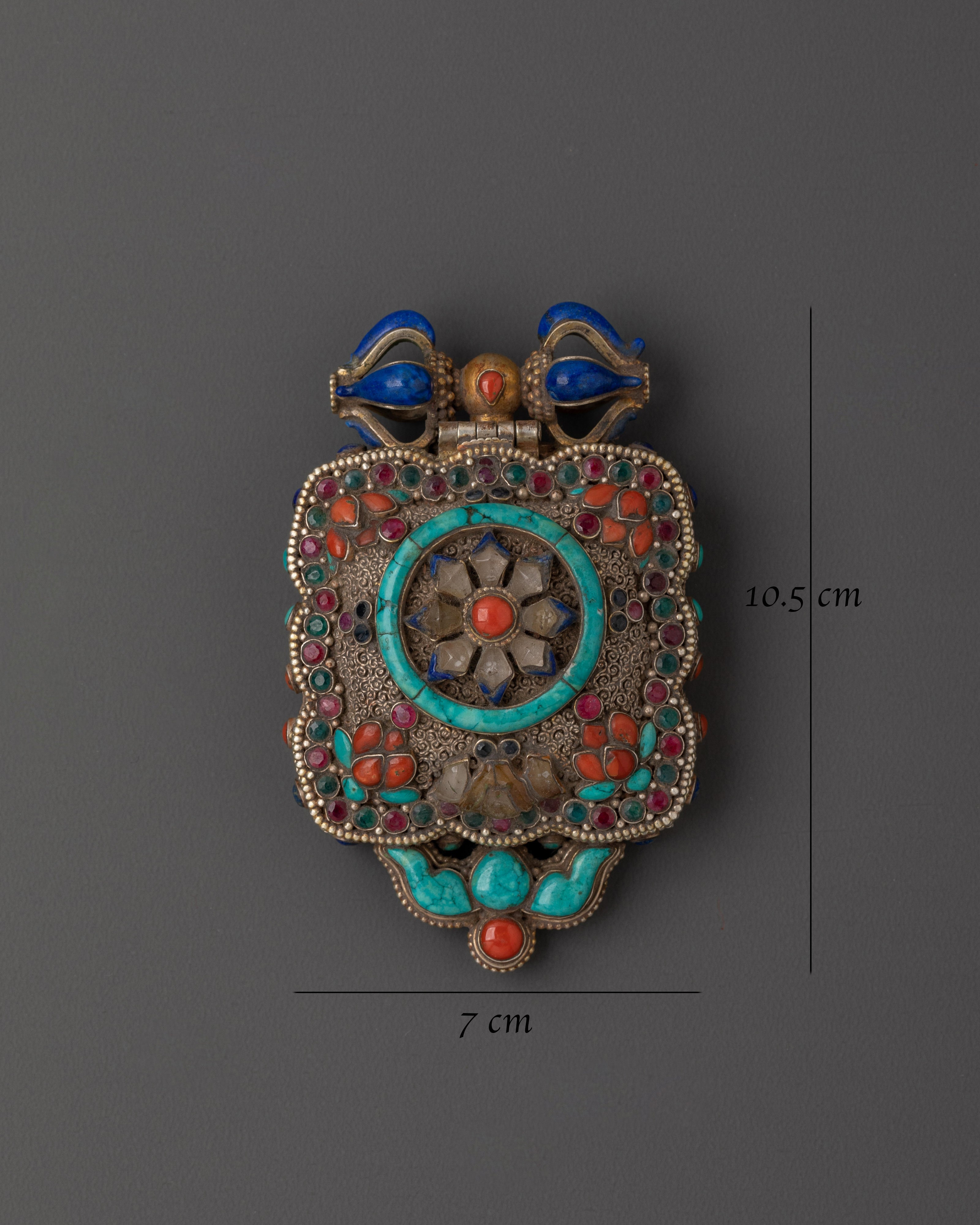 Tibetan Ghau Locket Charm | Silver Pendant with Turquoise
