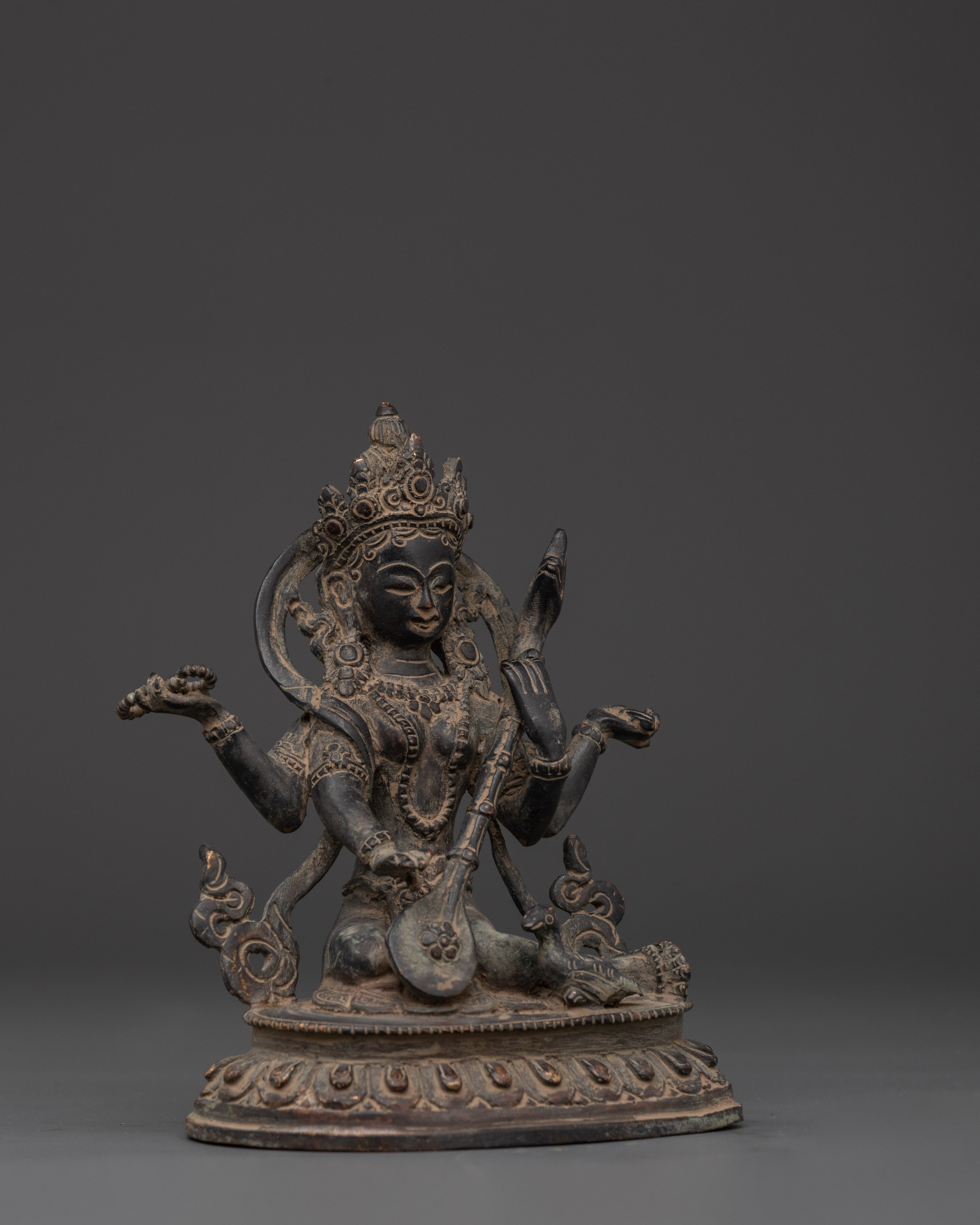 Handcrafted Saraswati Statue with Copper Body & Antique Finish