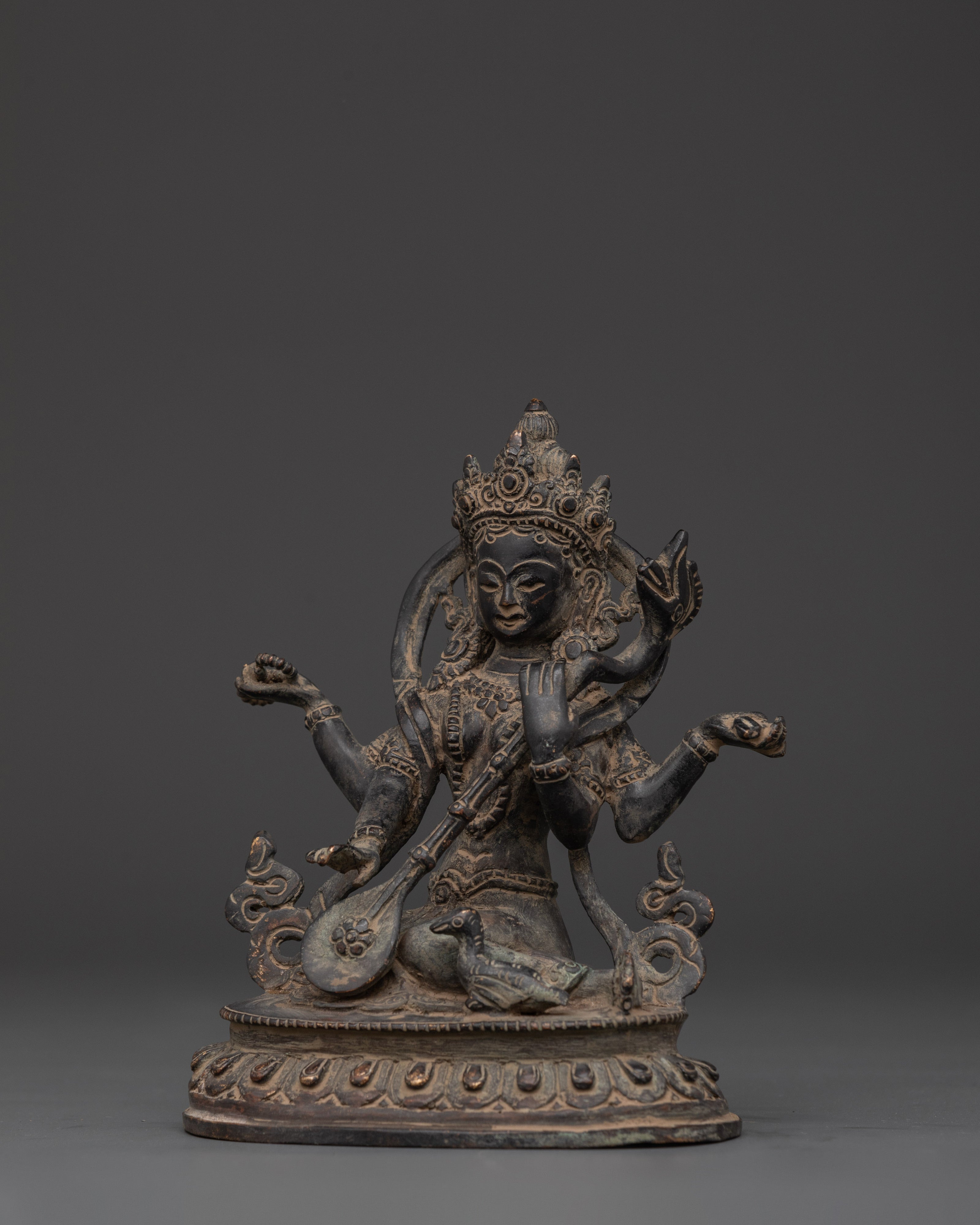 Handcrafted Saraswati Statue with Copper Body & Antique Finish