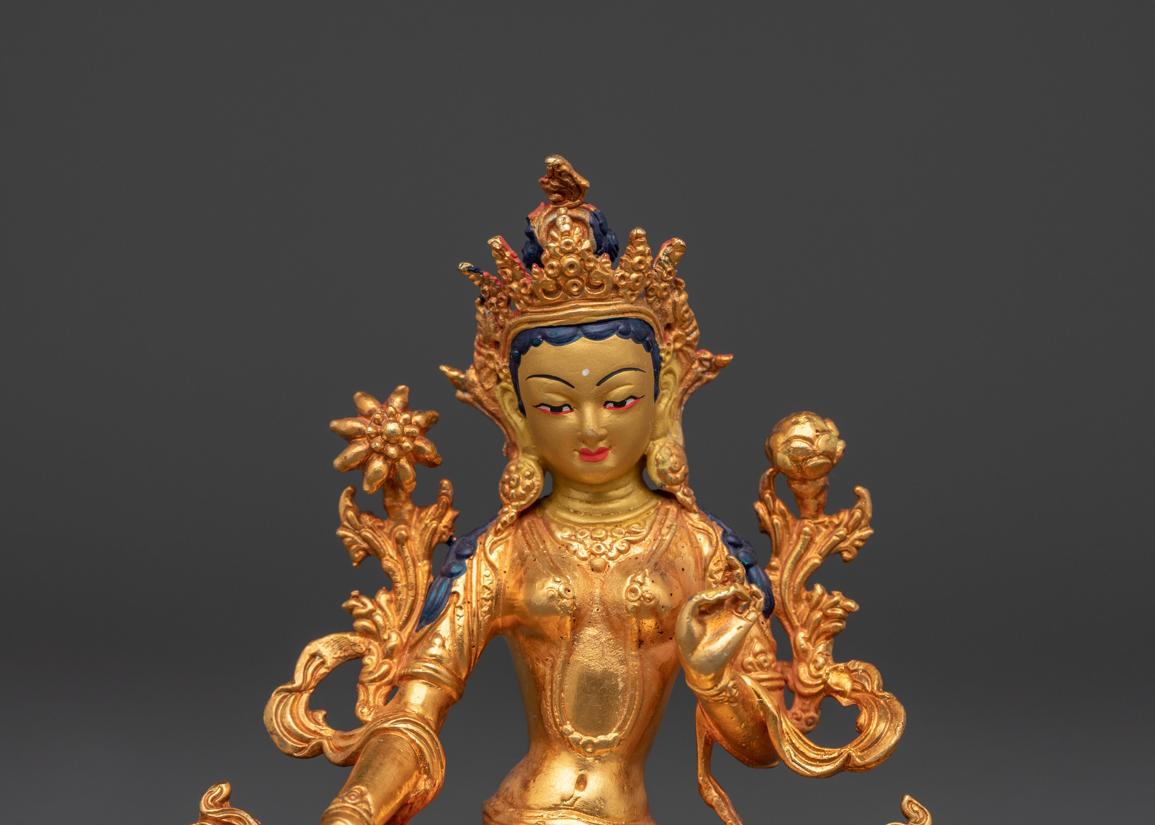 Sacred Green Tara Buddha Statue | Handcrafted Gold-Plated Copper Art