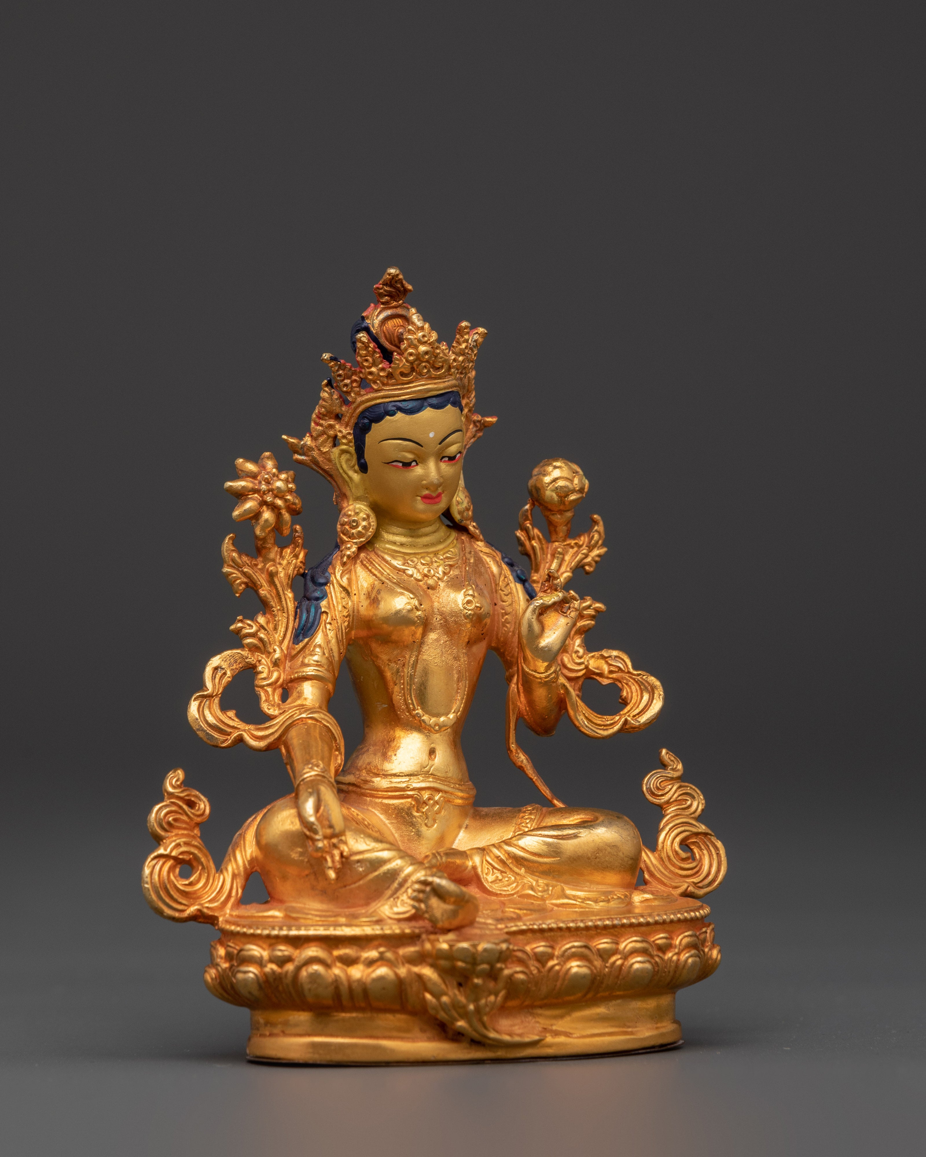 Sacred Green Tara Buddha Statue | Handcrafted Gold-Plated Copper Art