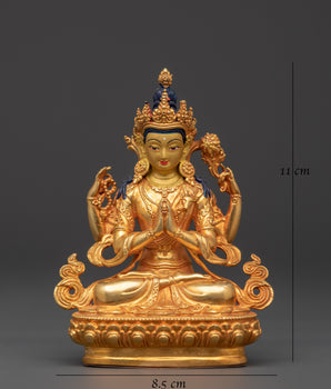 Chenrezig Copper Statue | Gold-Plated Four-Armed Avalokiteshvara in Mudra Pose