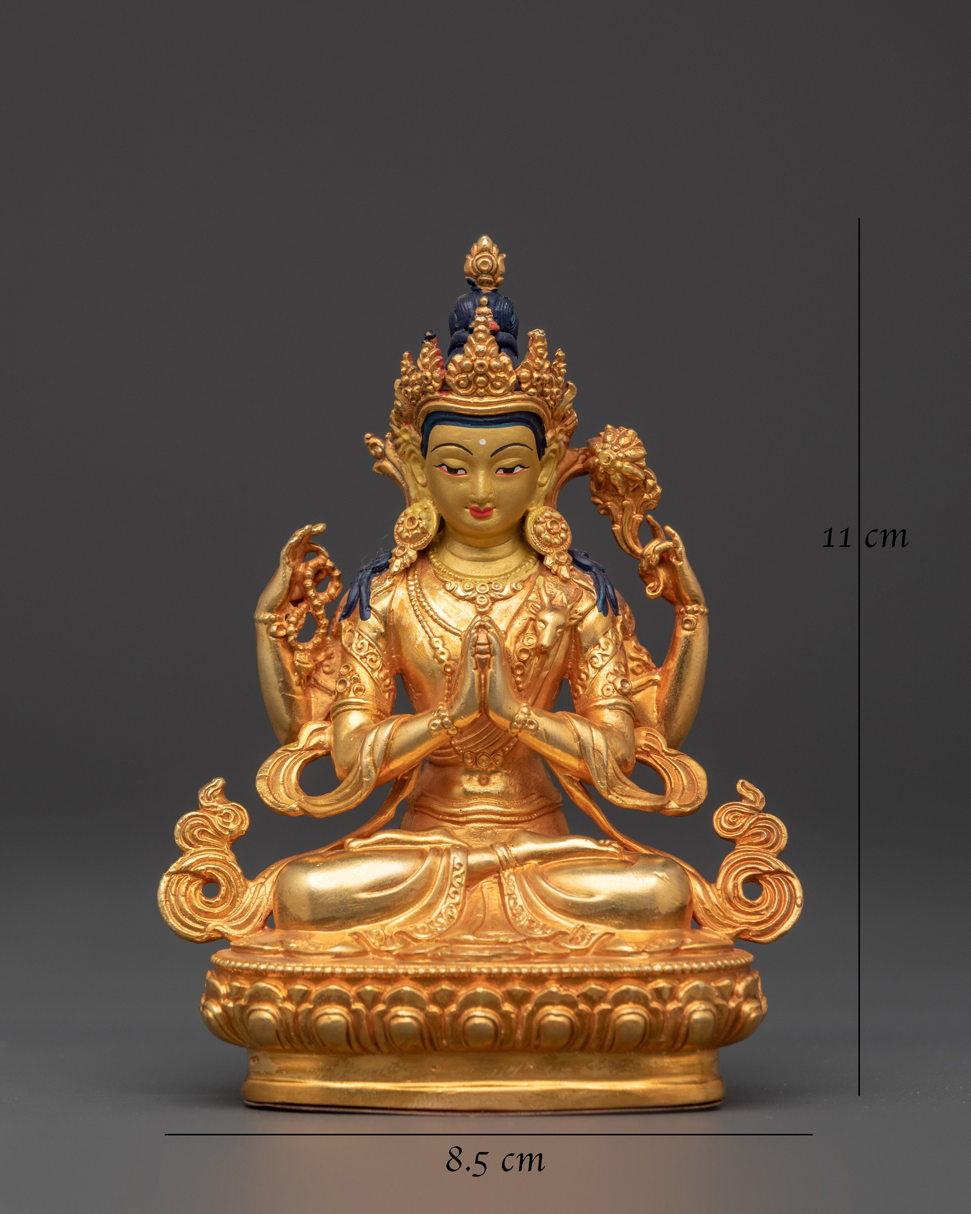 Chenrezig Copper Statue | Gold-Plated Four-Armed Avalokiteshvara in Mudra Pose