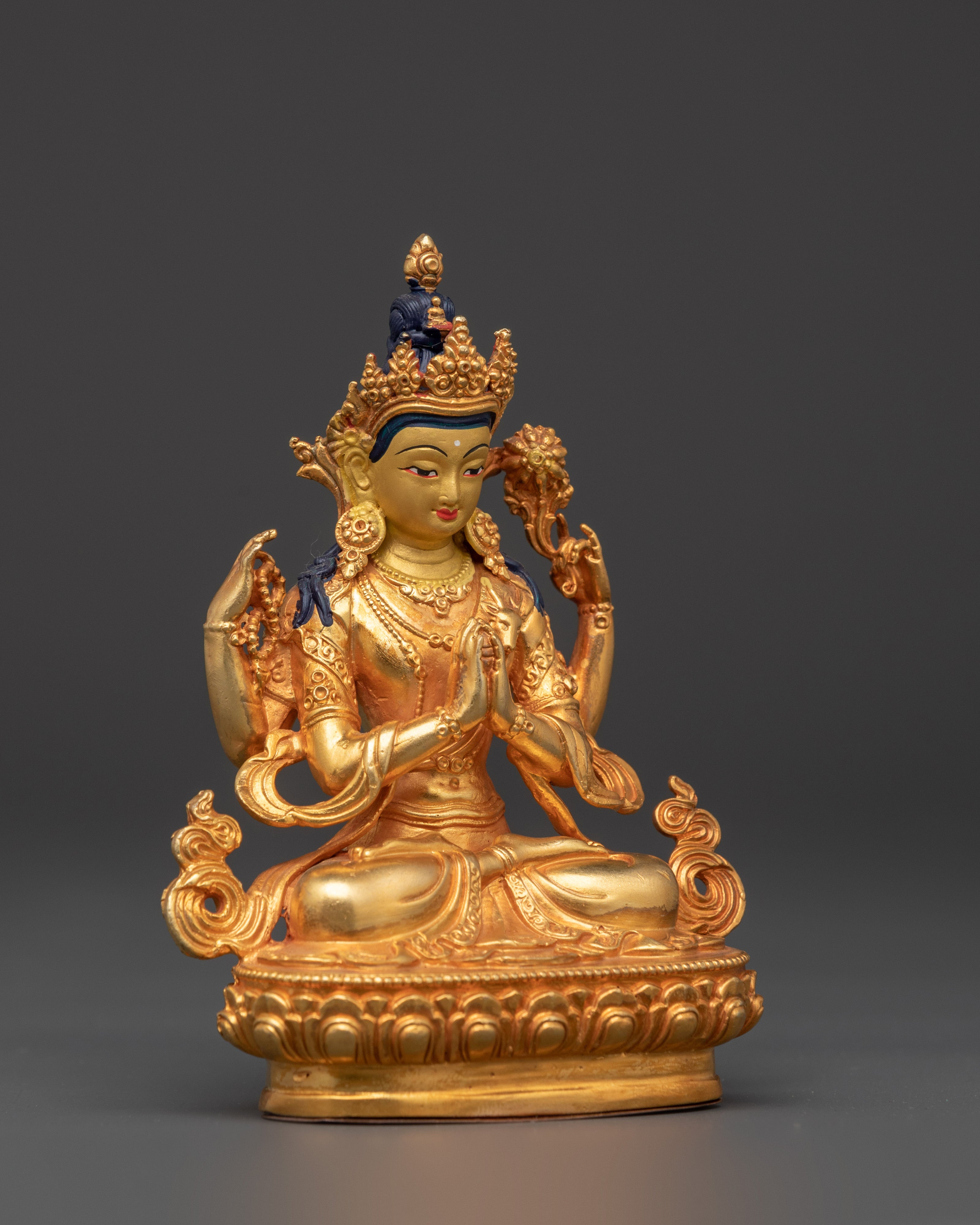 Chenrezig Copper Statue | Gold-Plated Four-Armed Avalokiteshvara in Mudra Pose