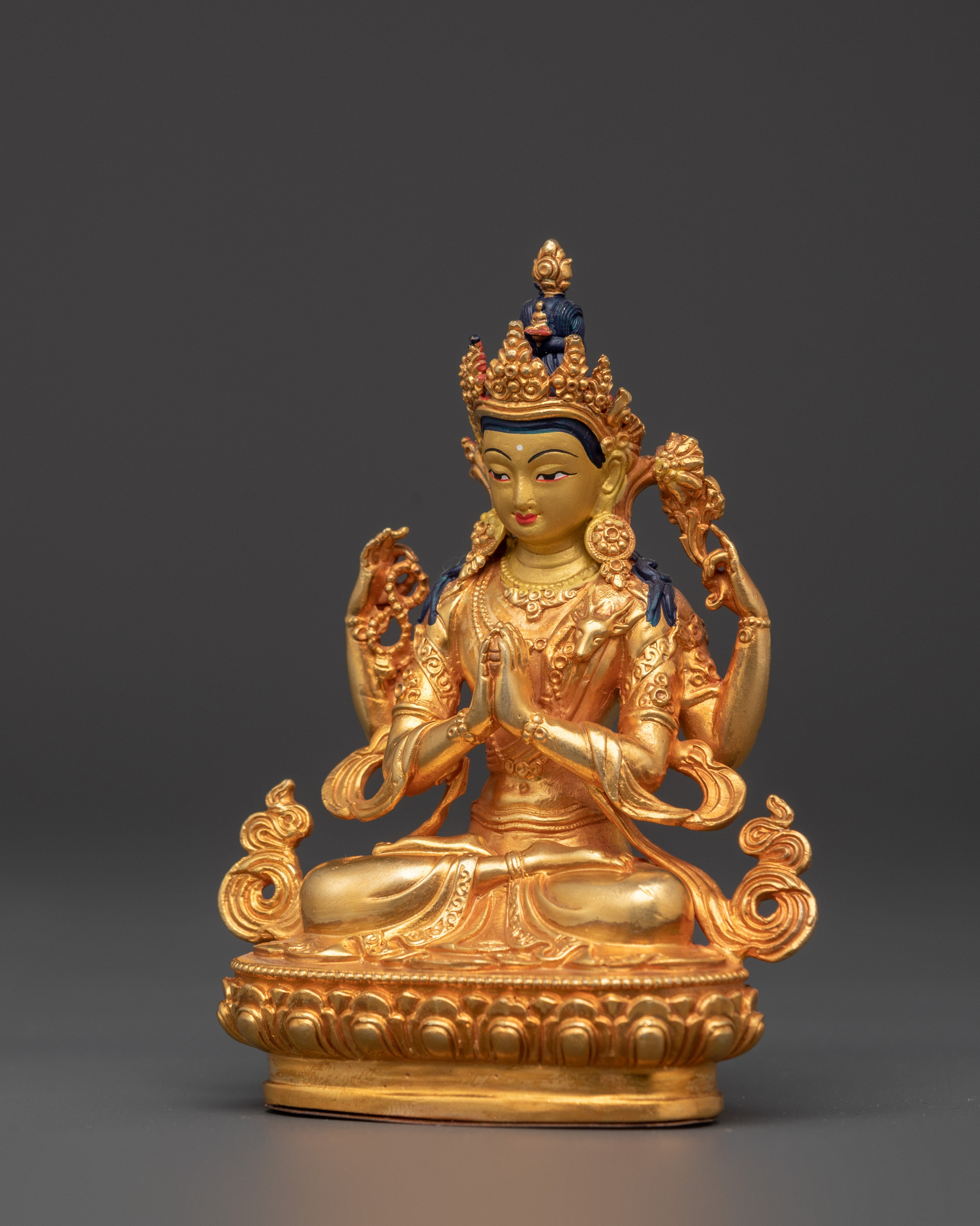 Chenrezig Copper Statue | Gold-Plated Four-Armed Avalokiteshvara in Mudra Pose
