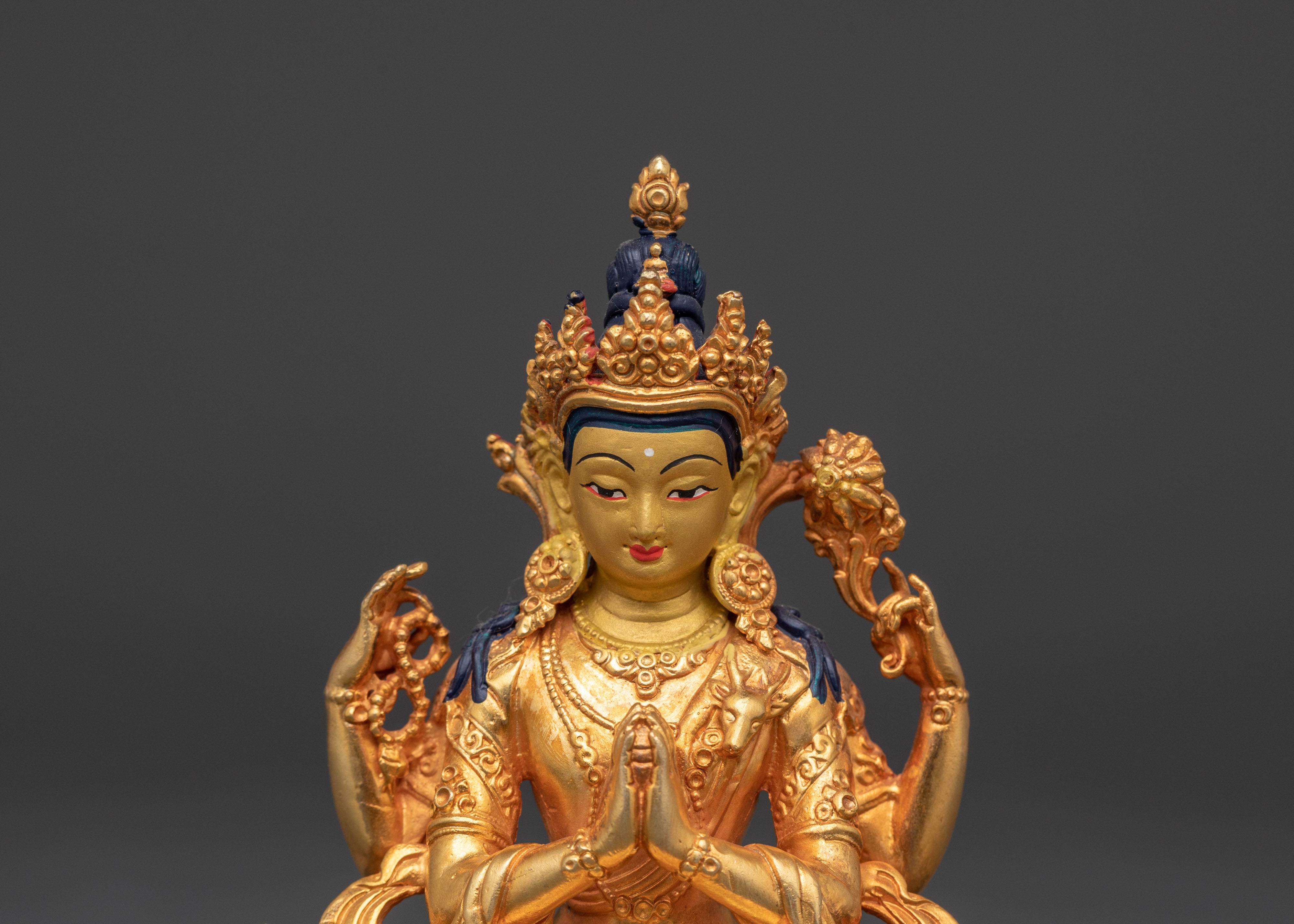 Chenrezig Copper Statue | Gold-Plated Four-Armed Avalokiteshvara in Mudra Pose