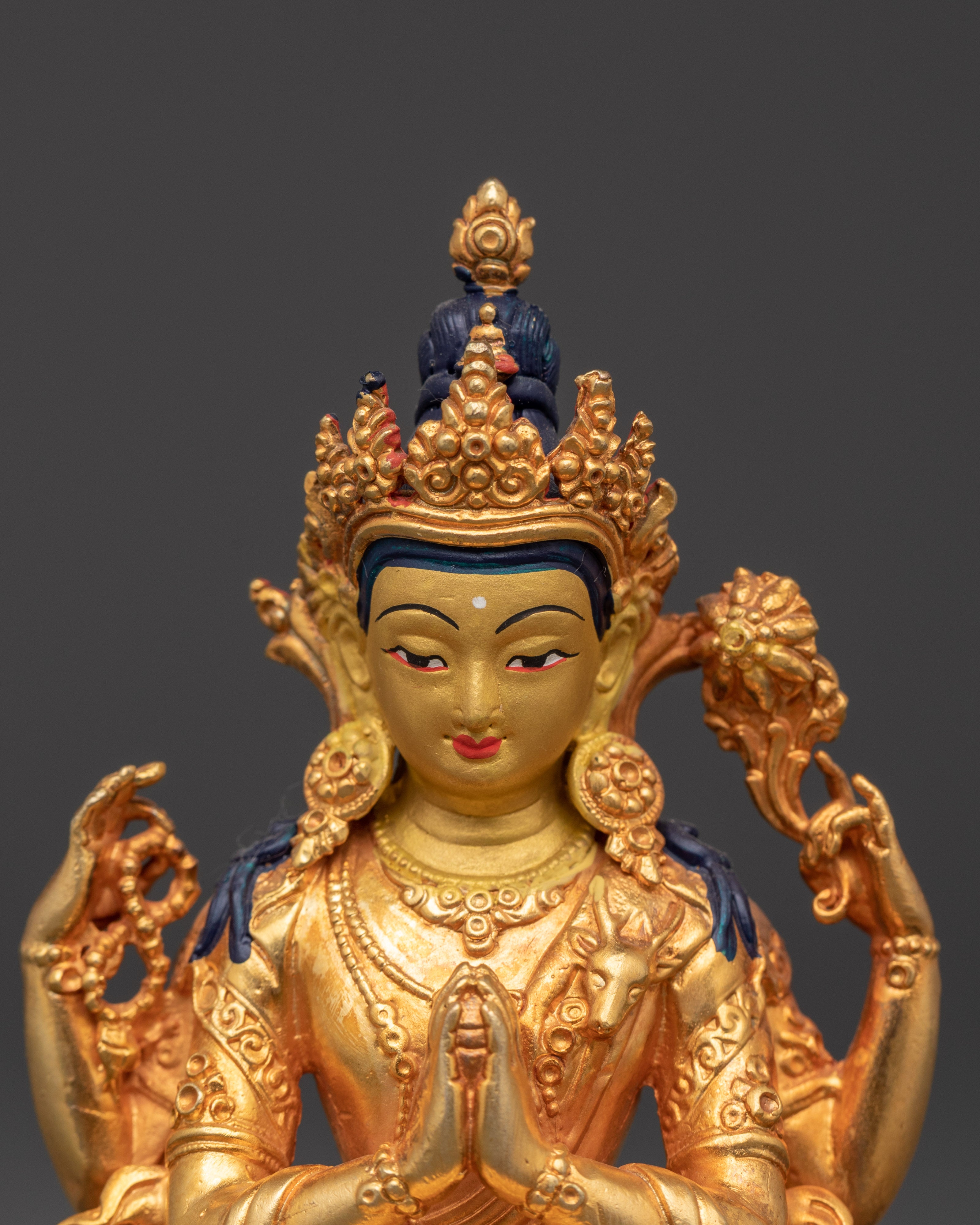 Chenrezig Copper Statue | Gold-Plated Four-Armed Avalokiteshvara in Mudra Pose