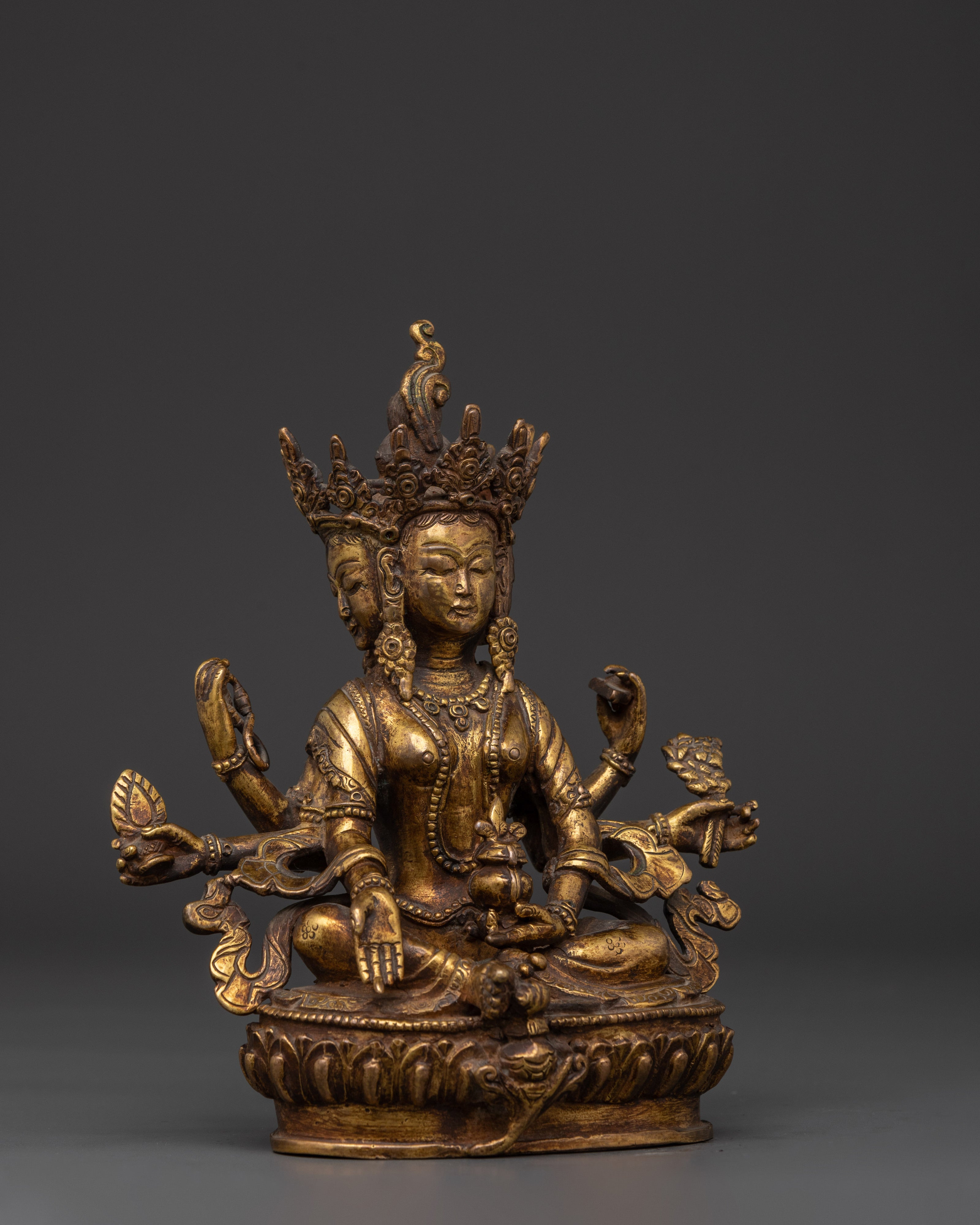 Gold Plated Vasudhara Statue | Copper Tibetan Wealth Goddess Sculpture