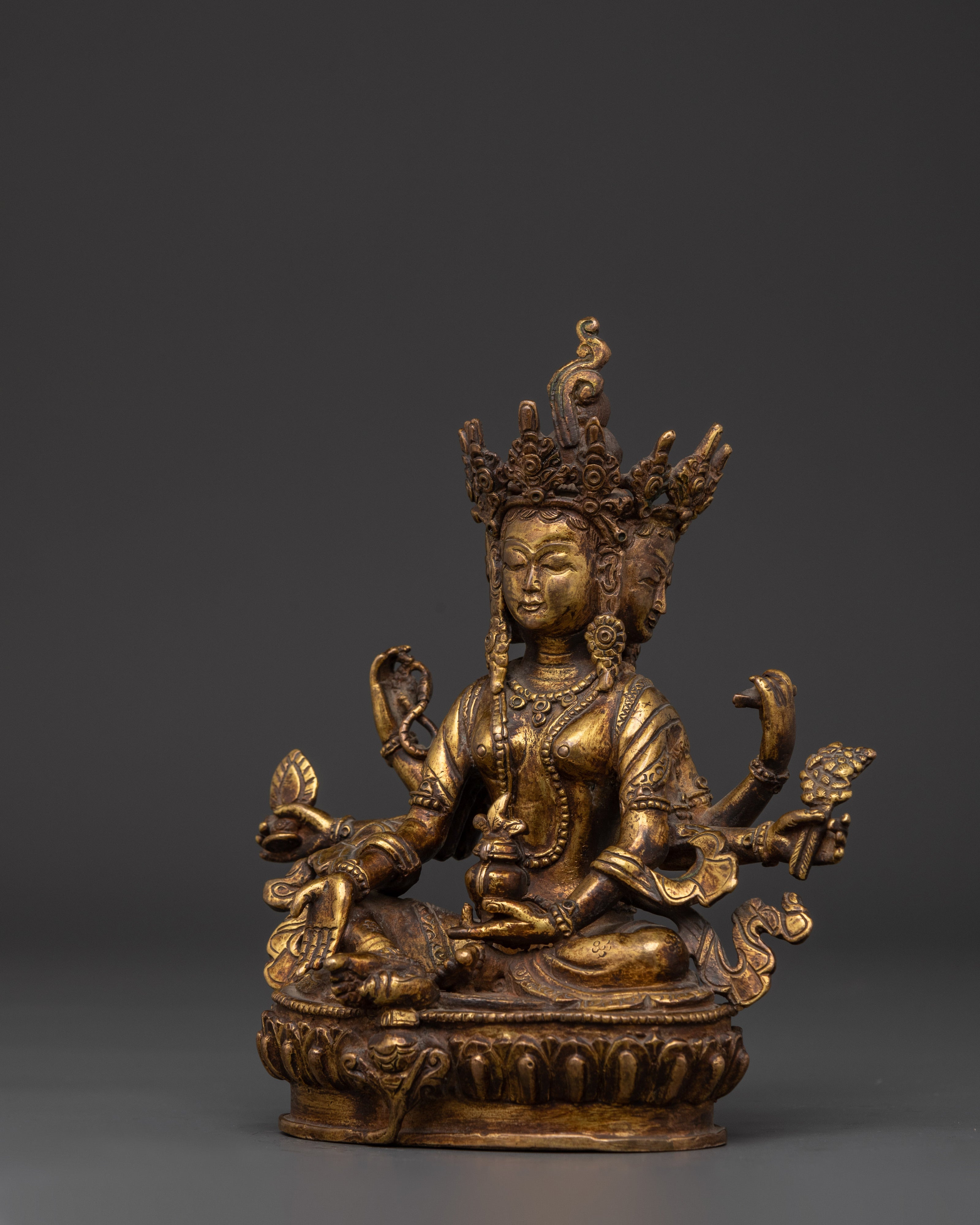 Gold Plated Vasudhara Statue | Copper Tibetan Wealth Goddess Sculpture
