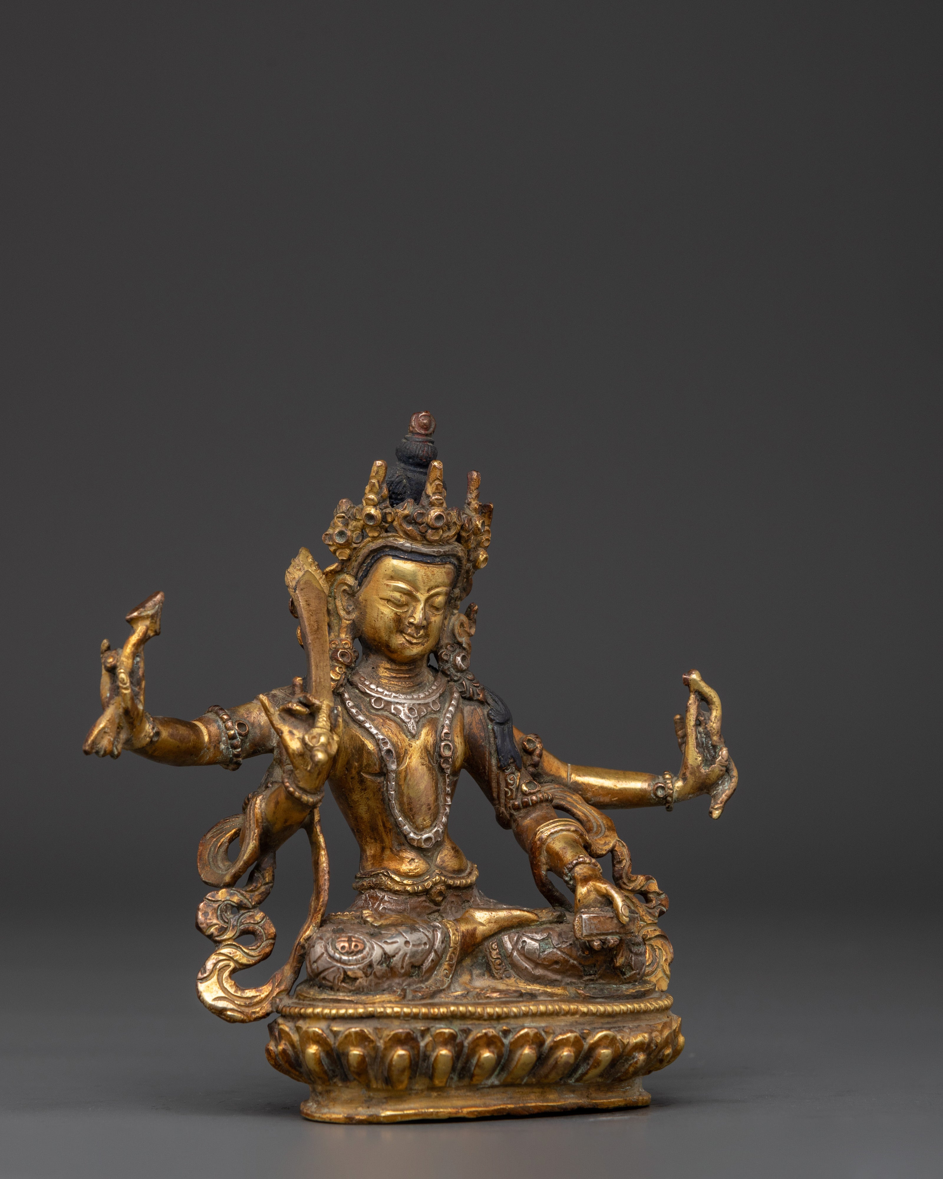 Maha Manjushri Copper Statue | Tibetan Bodhisattva of Wisdom with Sword and Book