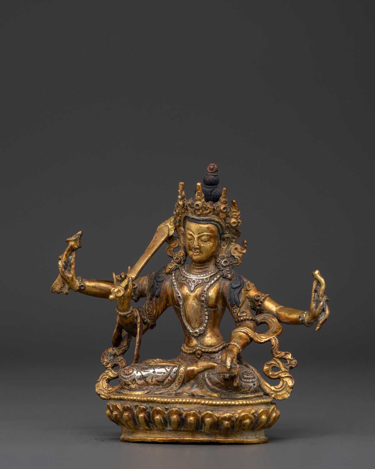 Maha Manjushri Copper Statue | Tibetan Bodhisattva of Wisdom with Sword and Book
