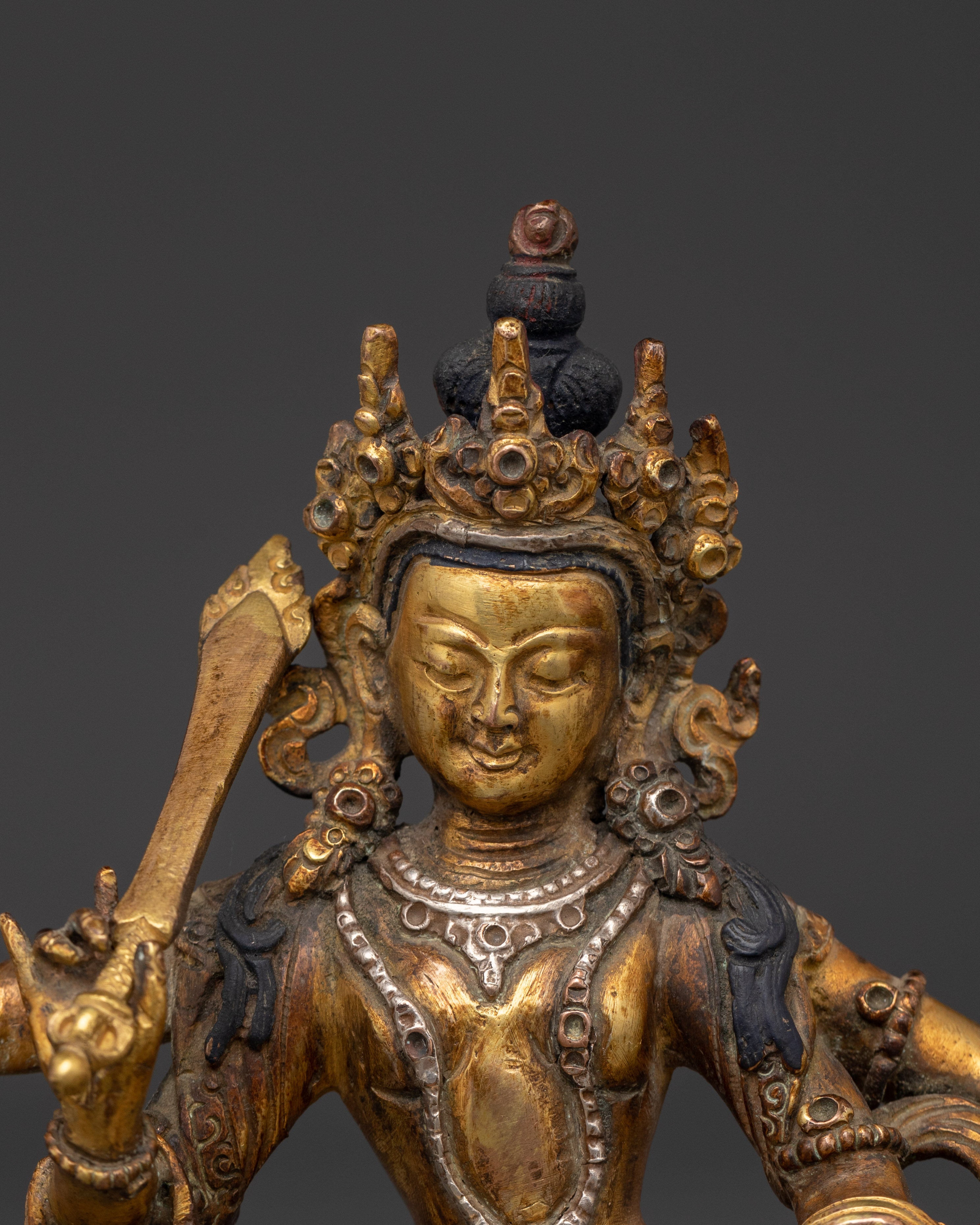 Maha Manjushri Copper Statue | Tibetan Bodhisattva of Wisdom with Sword and Book