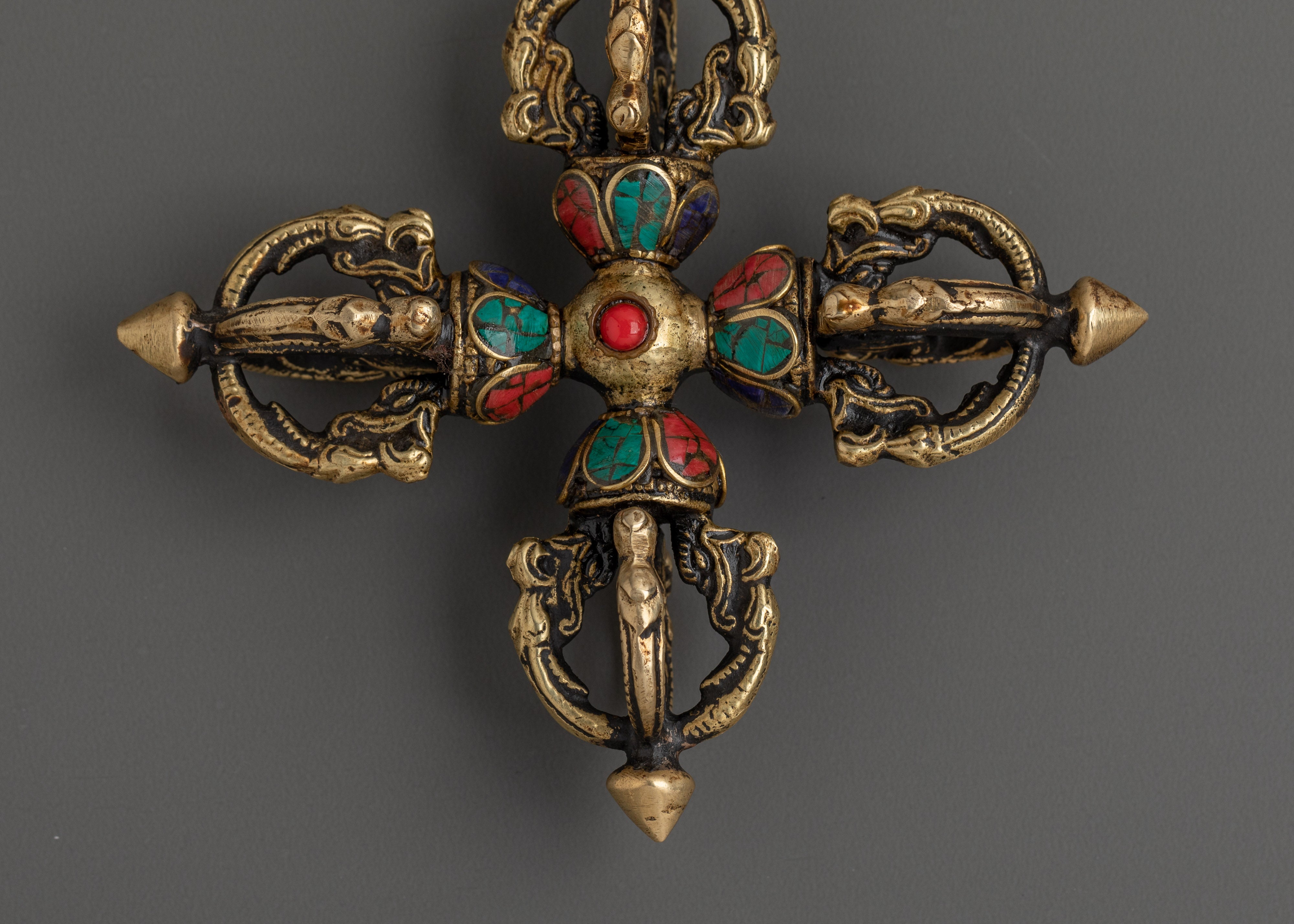 Double Tibetan Dorje with Coral & Turquoise for Spiritual Protection