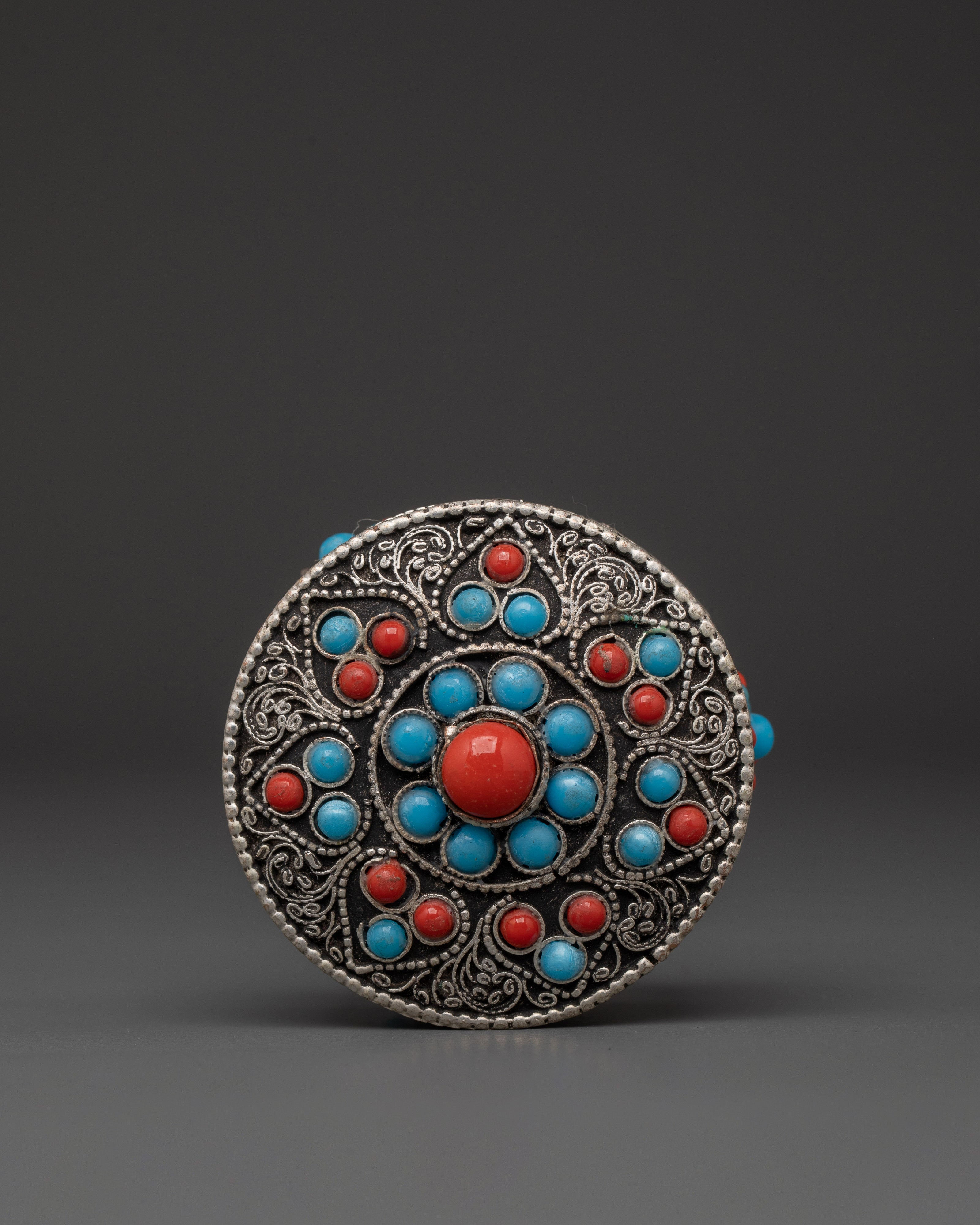 Silver-Plated Tika Box with Coral & Turquoise | Hindu Ritual Accessory