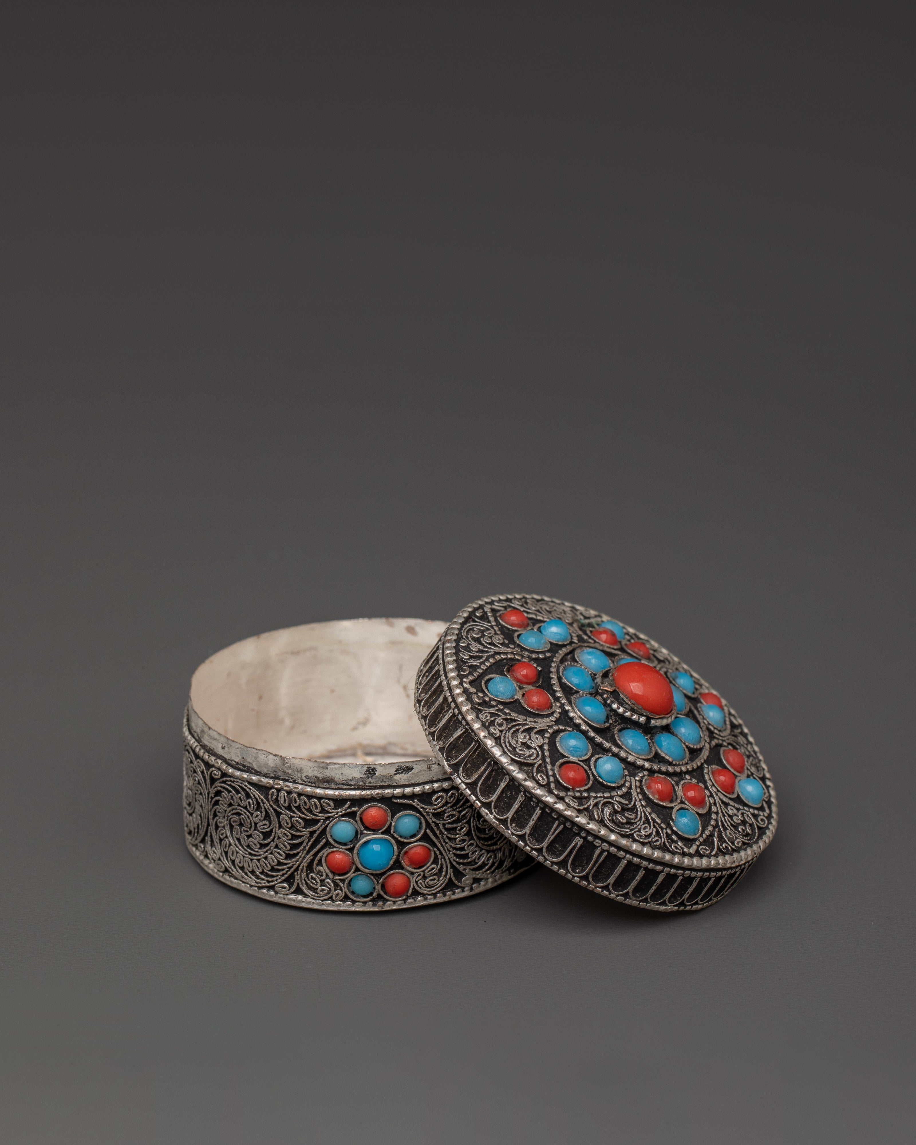 Silver-Plated Tika Box with Coral & Turquoise | Hindu Ritual Accessory