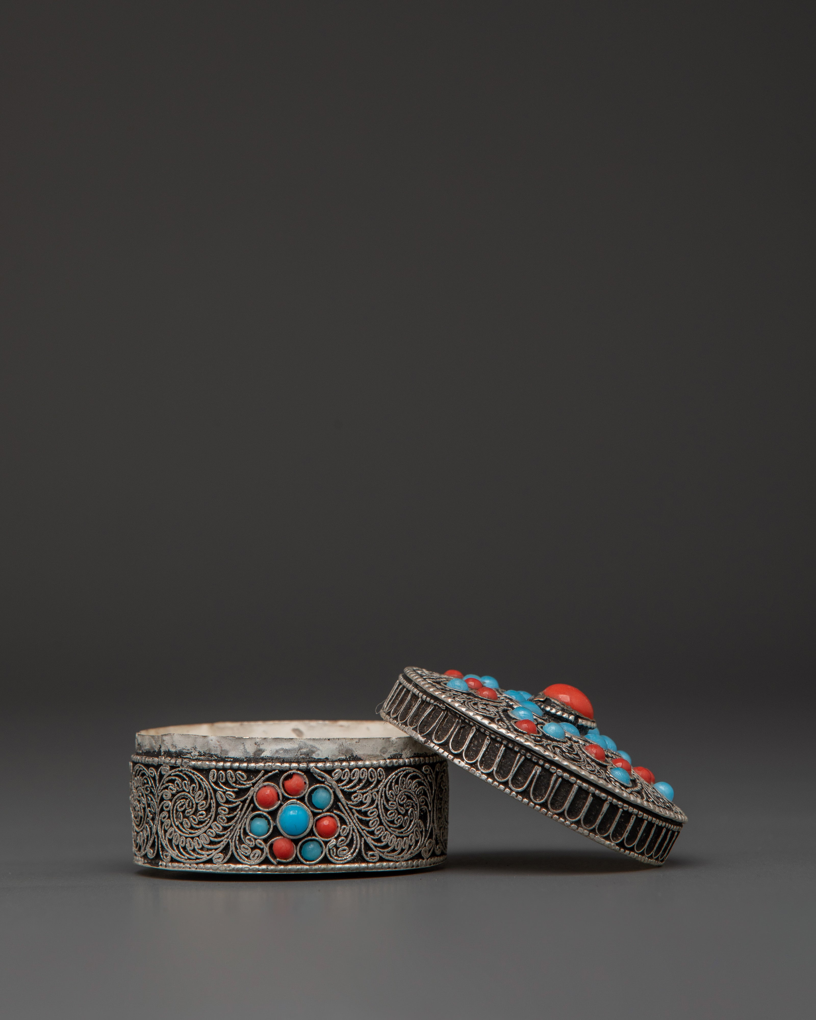Silver-Plated Tika Box with Coral & Turquoise | Hindu Ritual Accessory