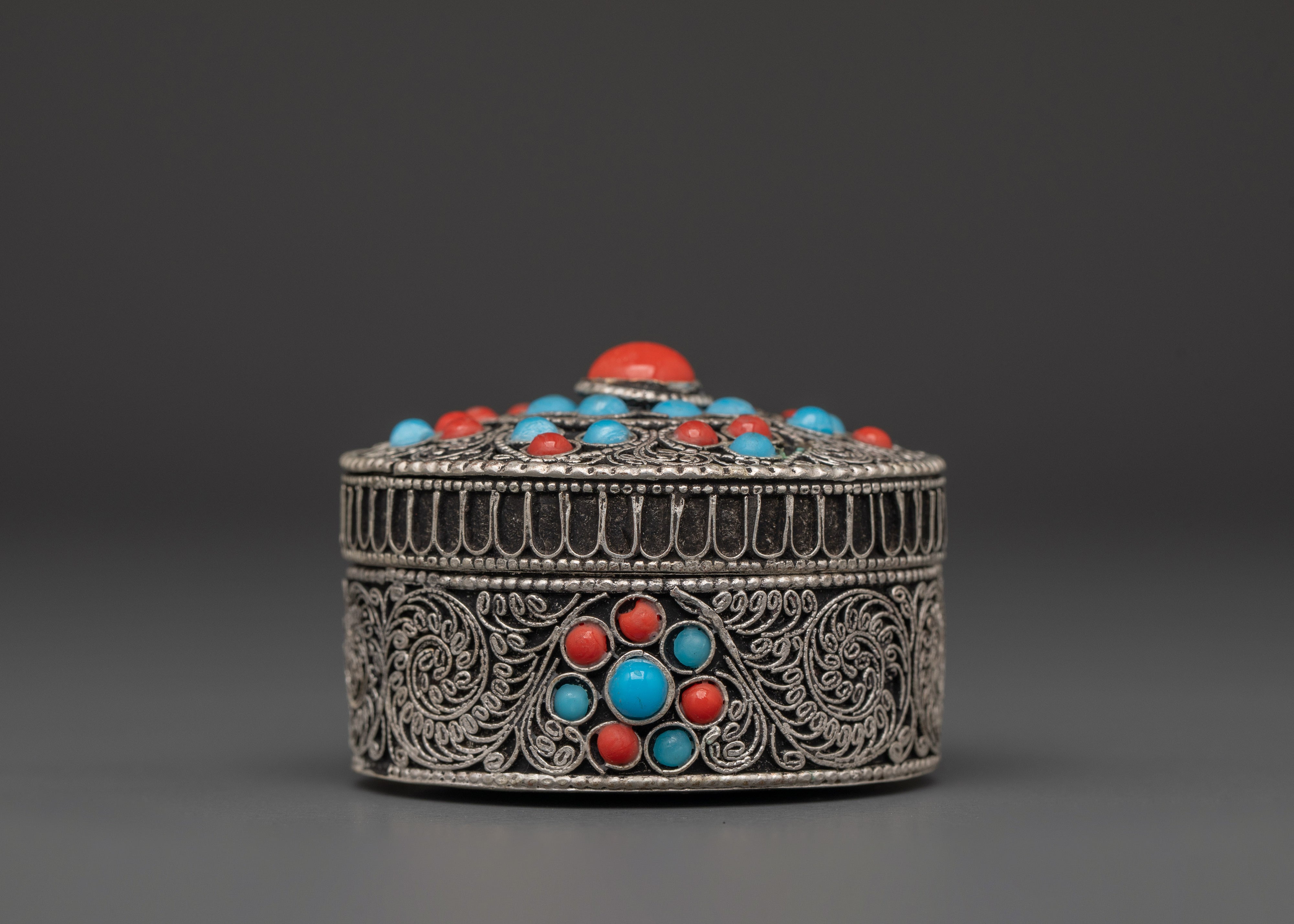 Silver-Plated Tika Box with Coral & Turquoise | Hindu Ritual Accessory