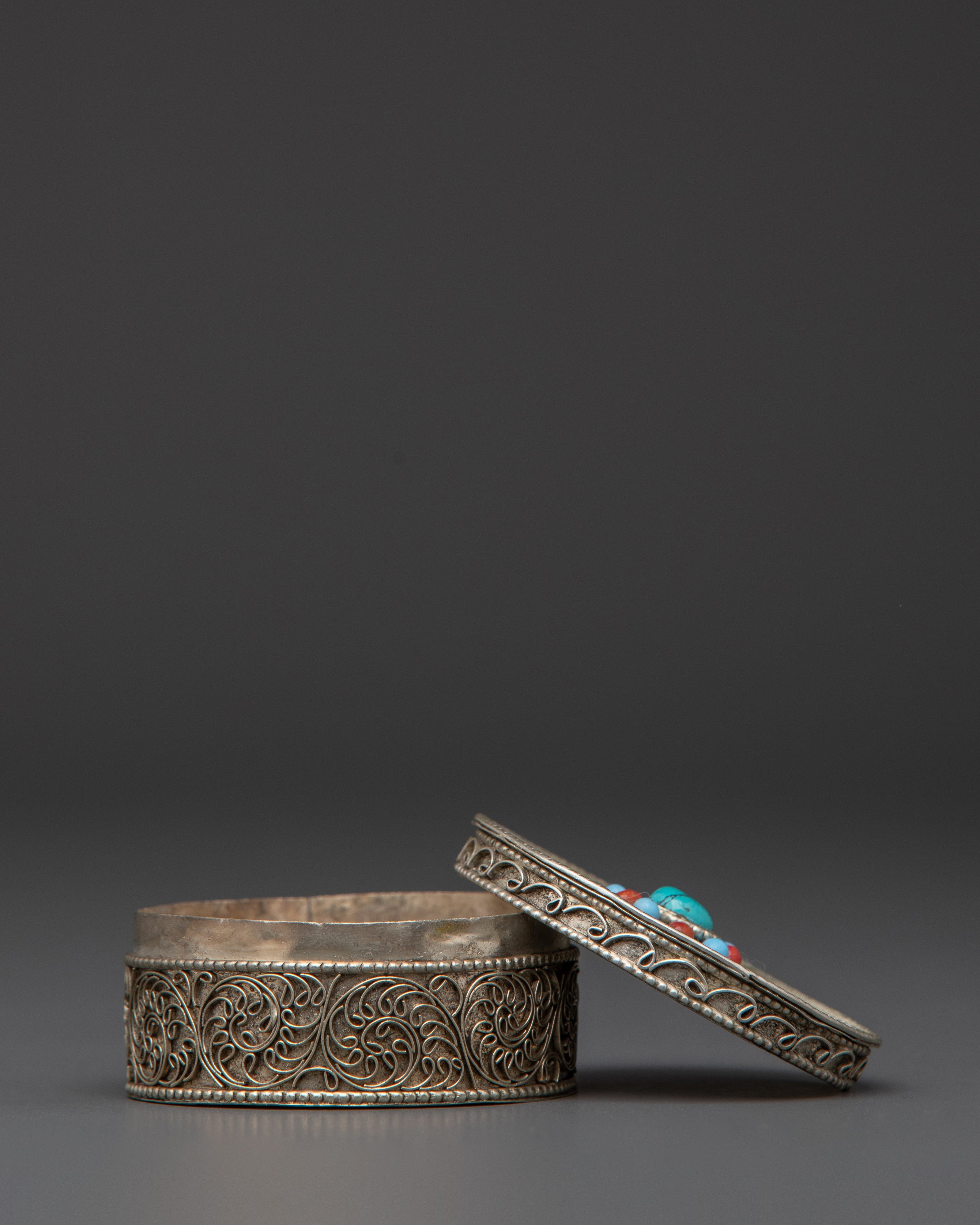 White Metal Tika Box with Coral & Turquoise | Hindu Puja Ritual Storage