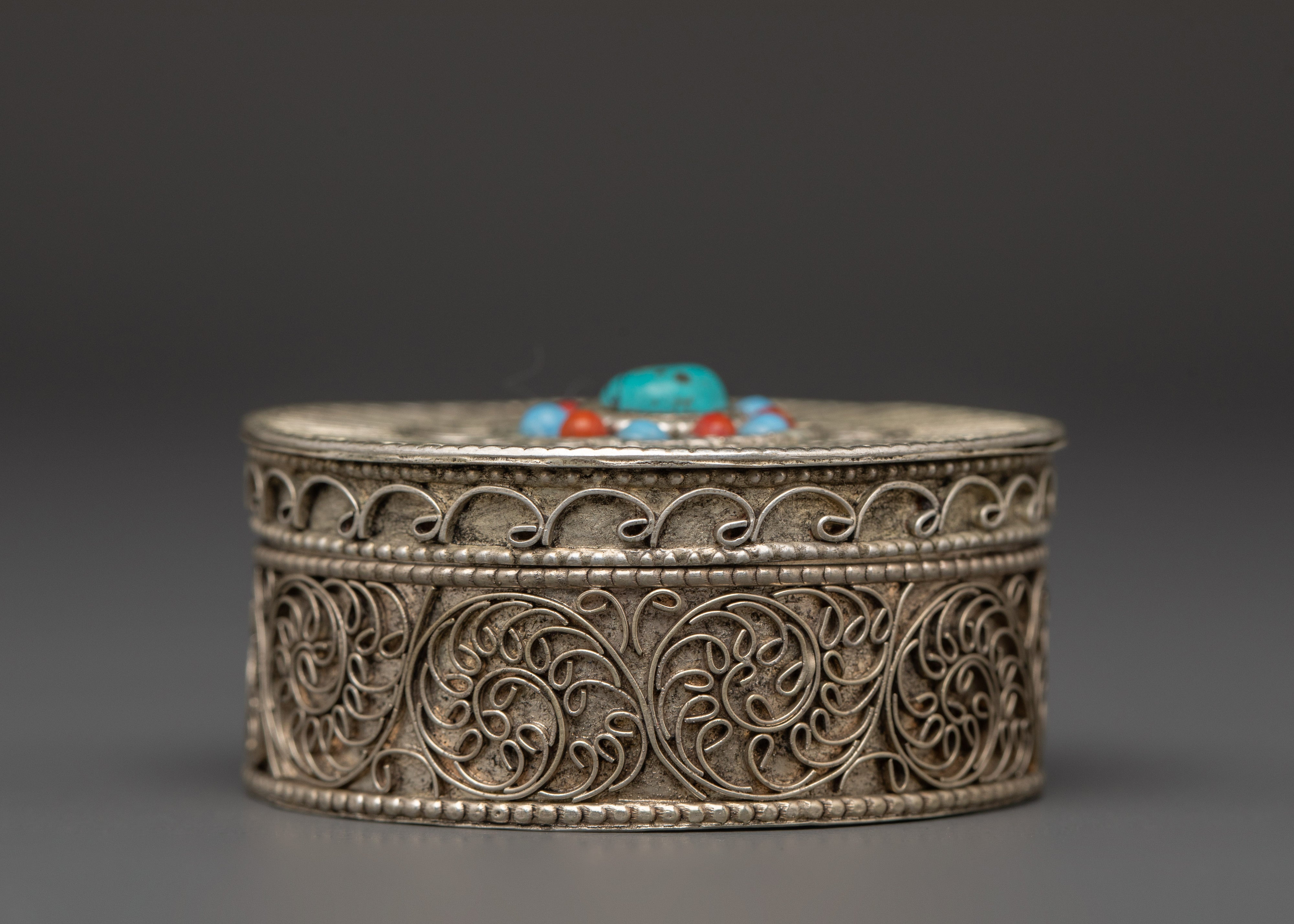 White Metal Tika Box with Coral & Turquoise | Hindu Puja Ritual Storage