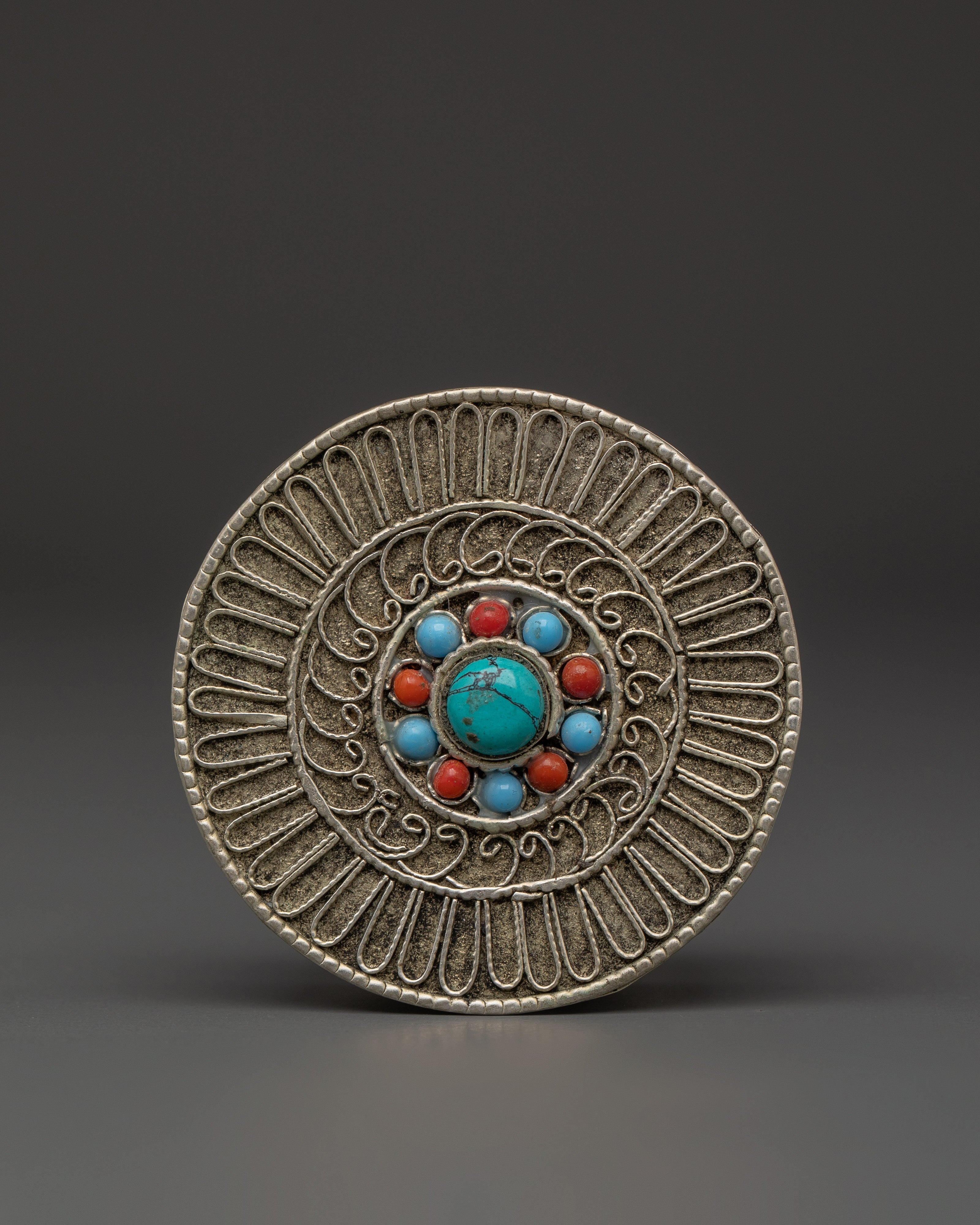 White Metal Tika Box with Coral & Turquoise | Hindu Puja Ritual Storage