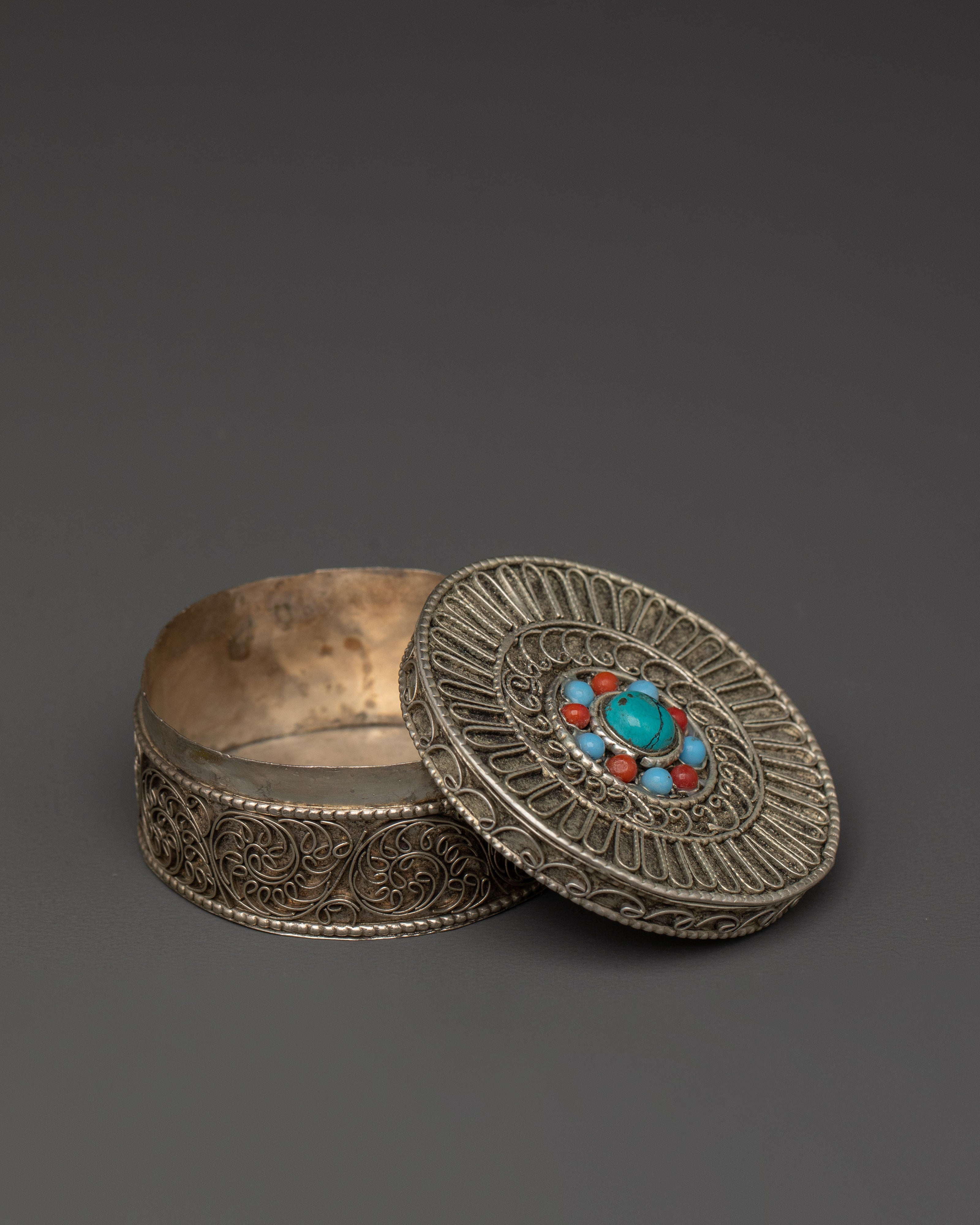 White Metal Tika Box with Coral & Turquoise | Hindu Puja Ritual Storage