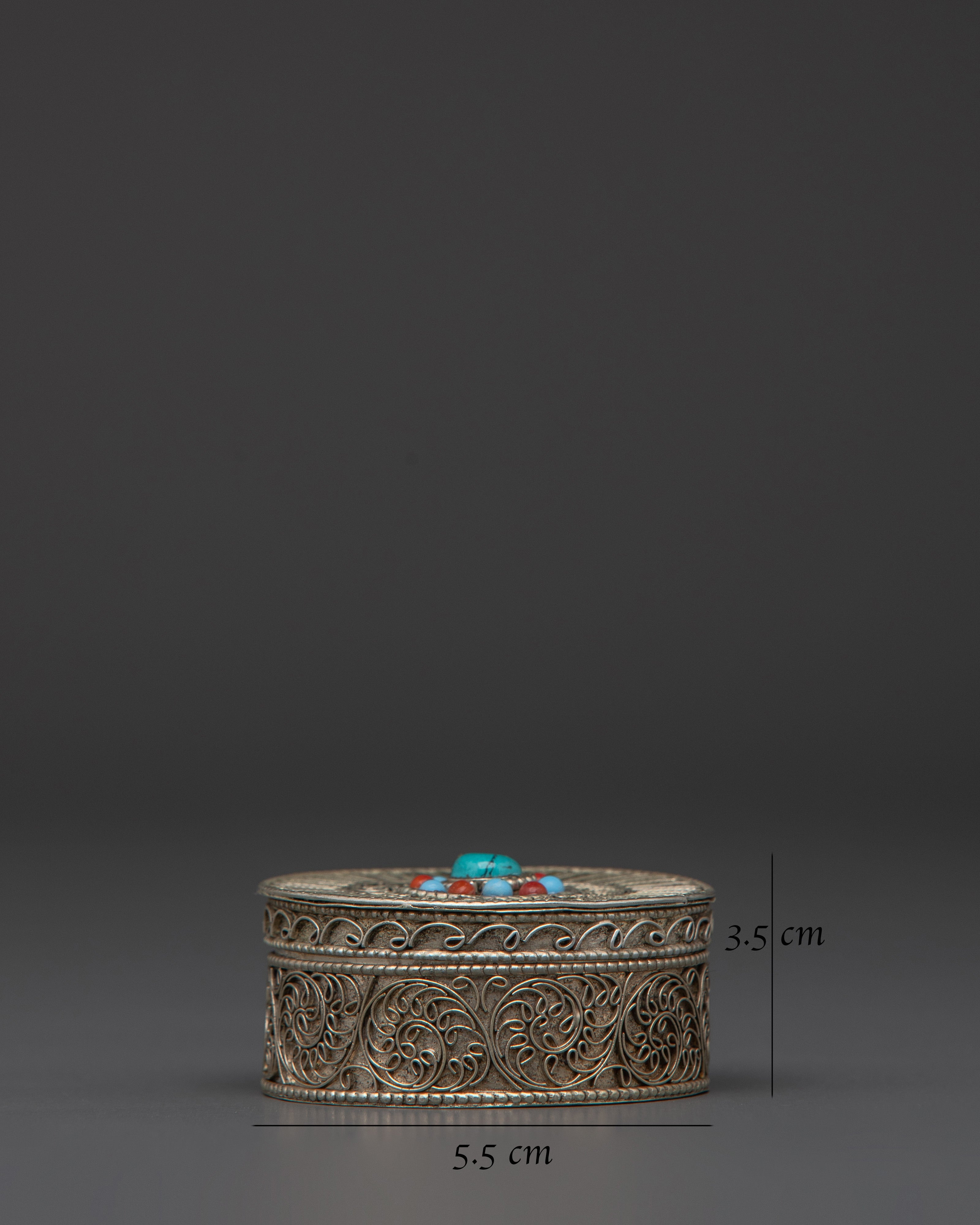 White Metal Tika Box with Coral & Turquoise | Hindu Puja Ritual Storage