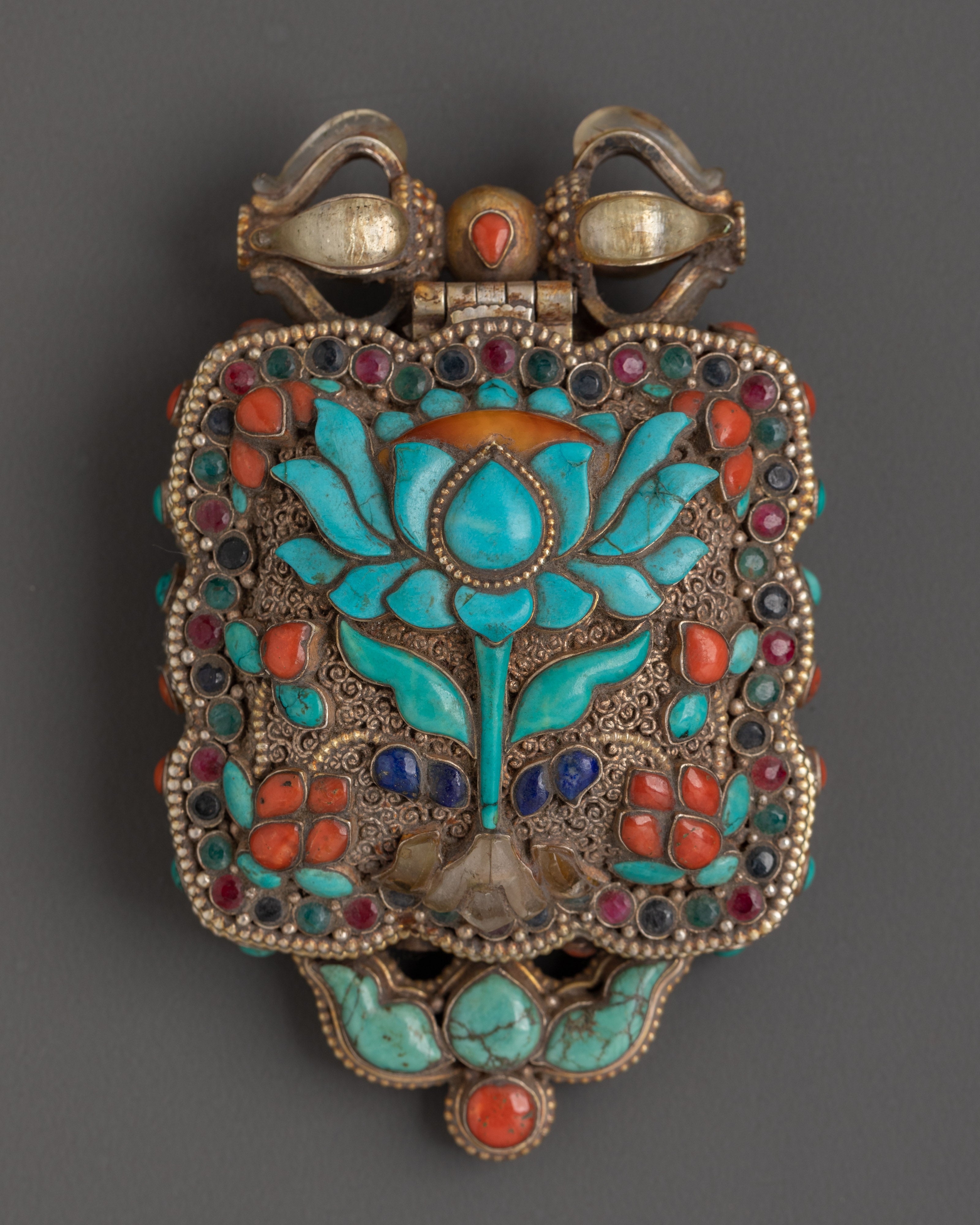 Lotus Design Tibetan Ghau Box Locket in Silver with Turquoise, Coral & Lapis