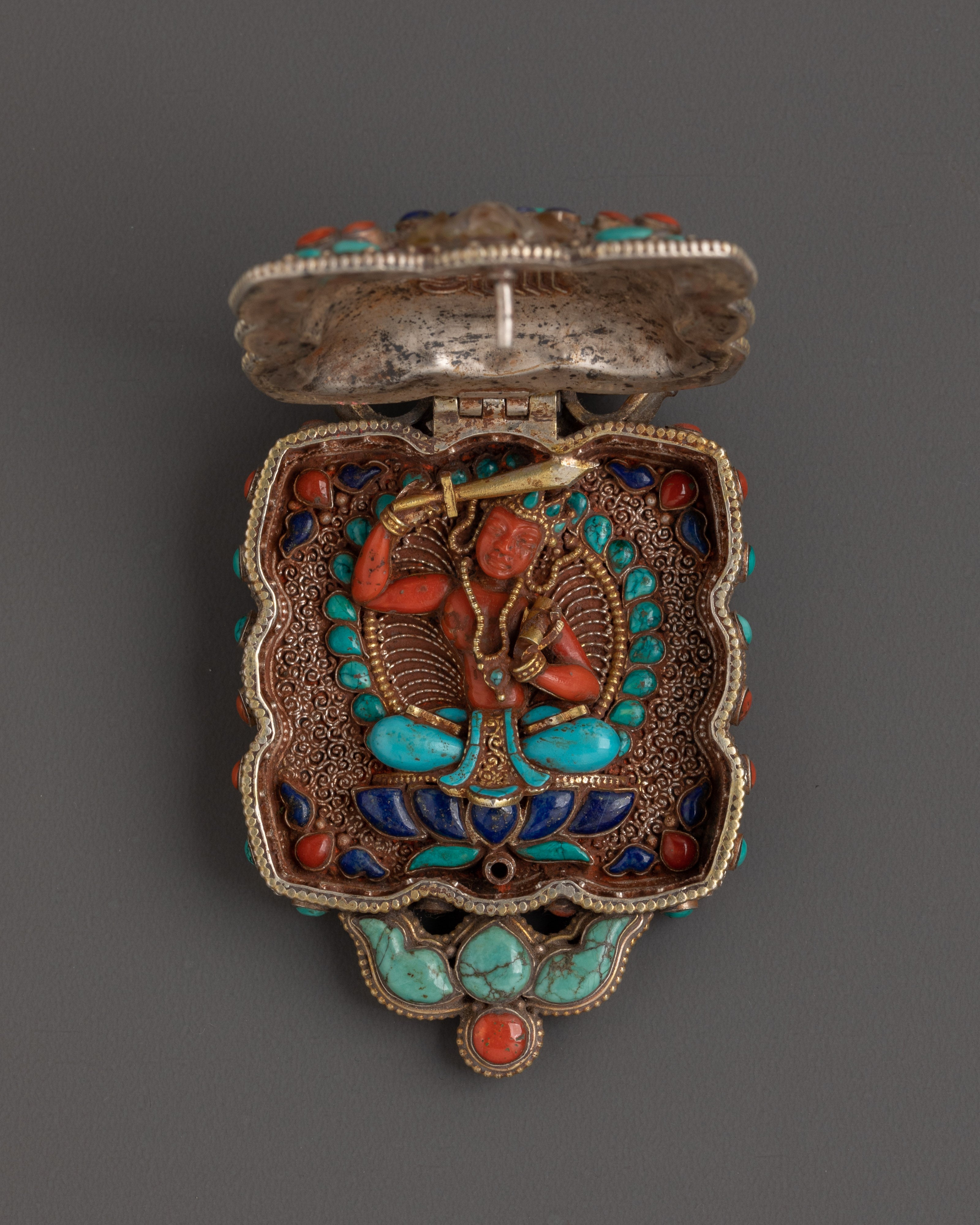 Lotus Design Tibetan Ghau Box Locket in Silver with Turquoise, Coral & Lapis