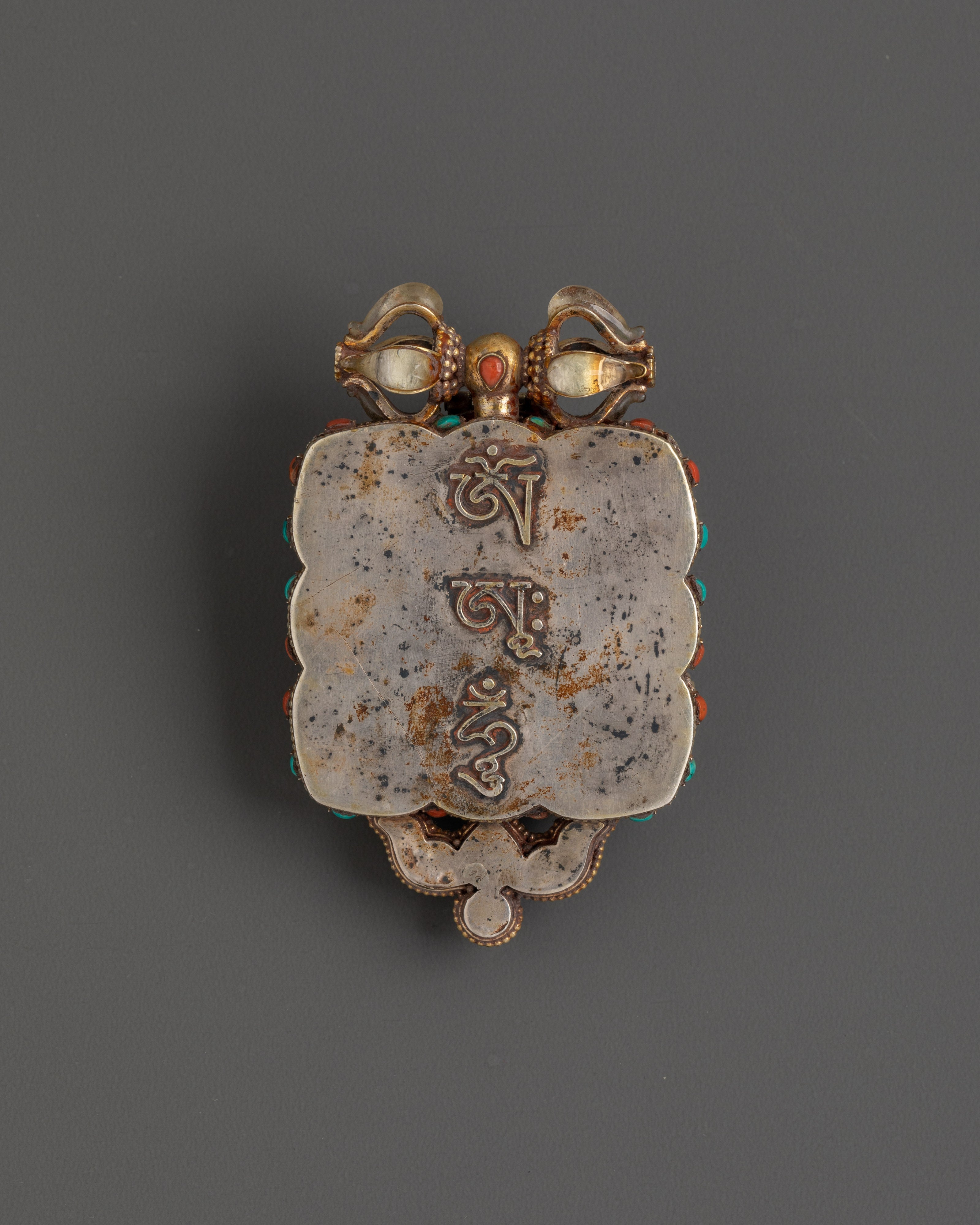 Lotus Design Tibetan Ghau Box Locket in Silver with Turquoise, Coral & Lapis