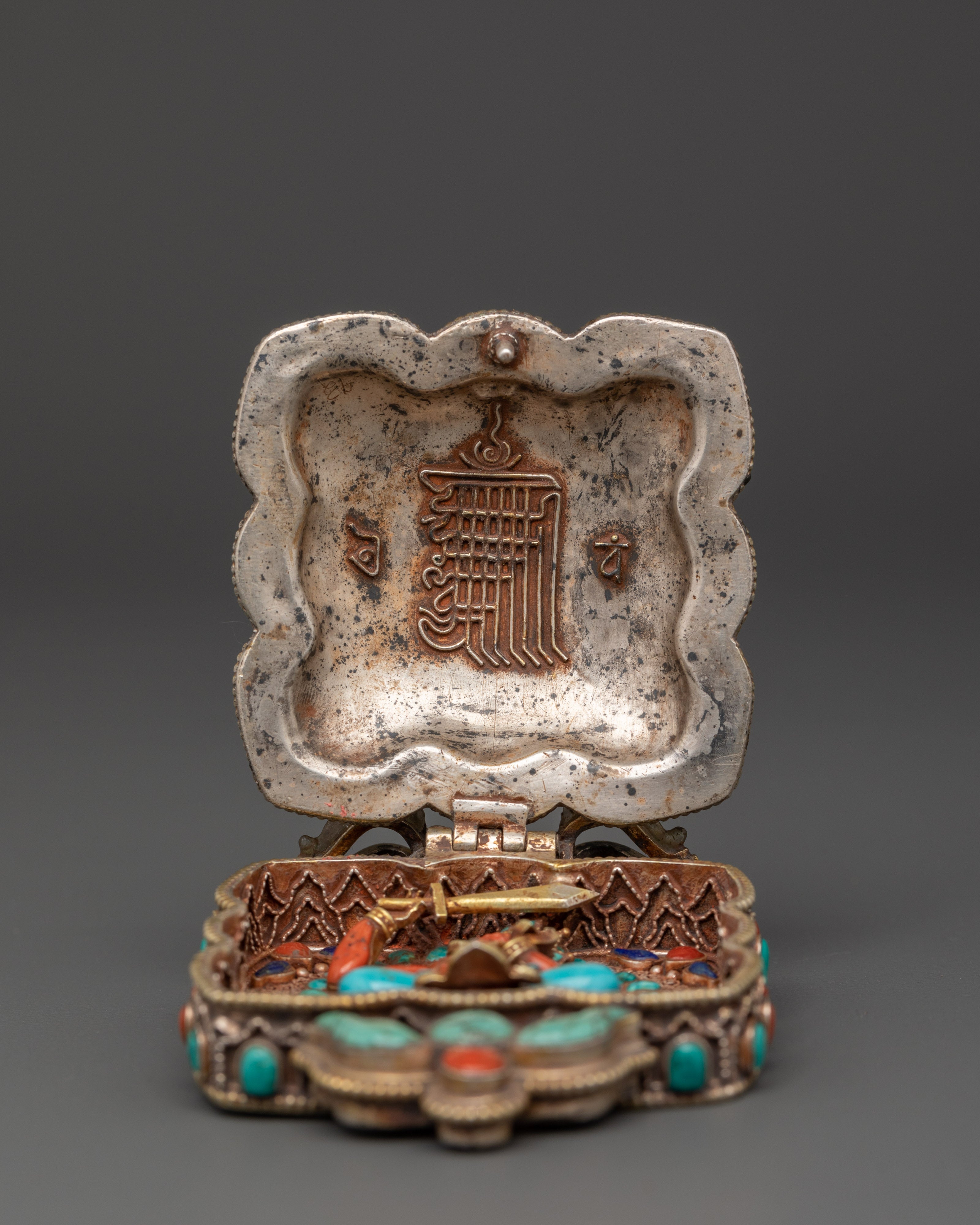 Lotus Design Tibetan Ghau Box Locket in Silver with Turquoise, Coral & Lapis