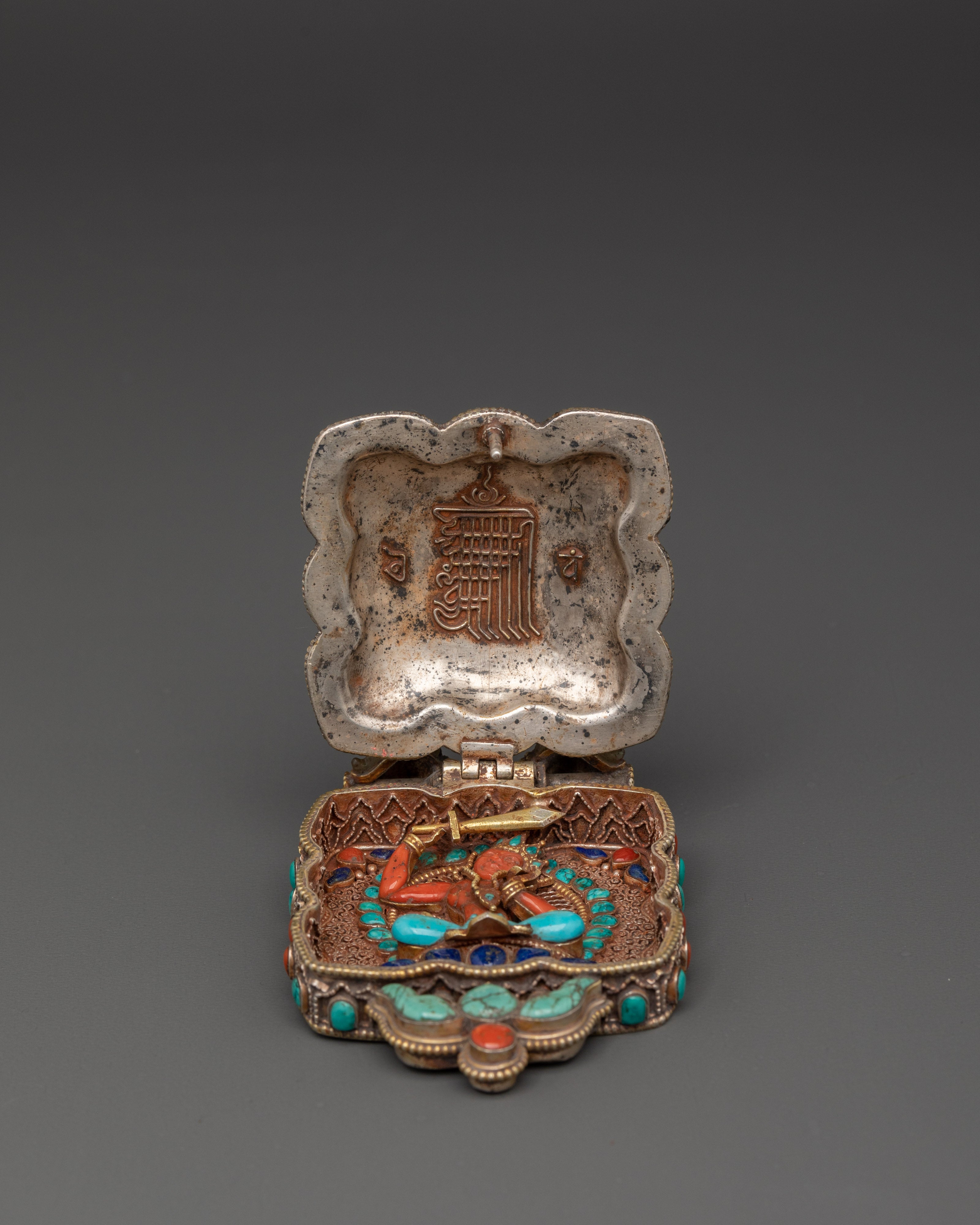 Lotus Design Tibetan Ghau Box Locket in Silver with Turquoise, Coral & Lapis