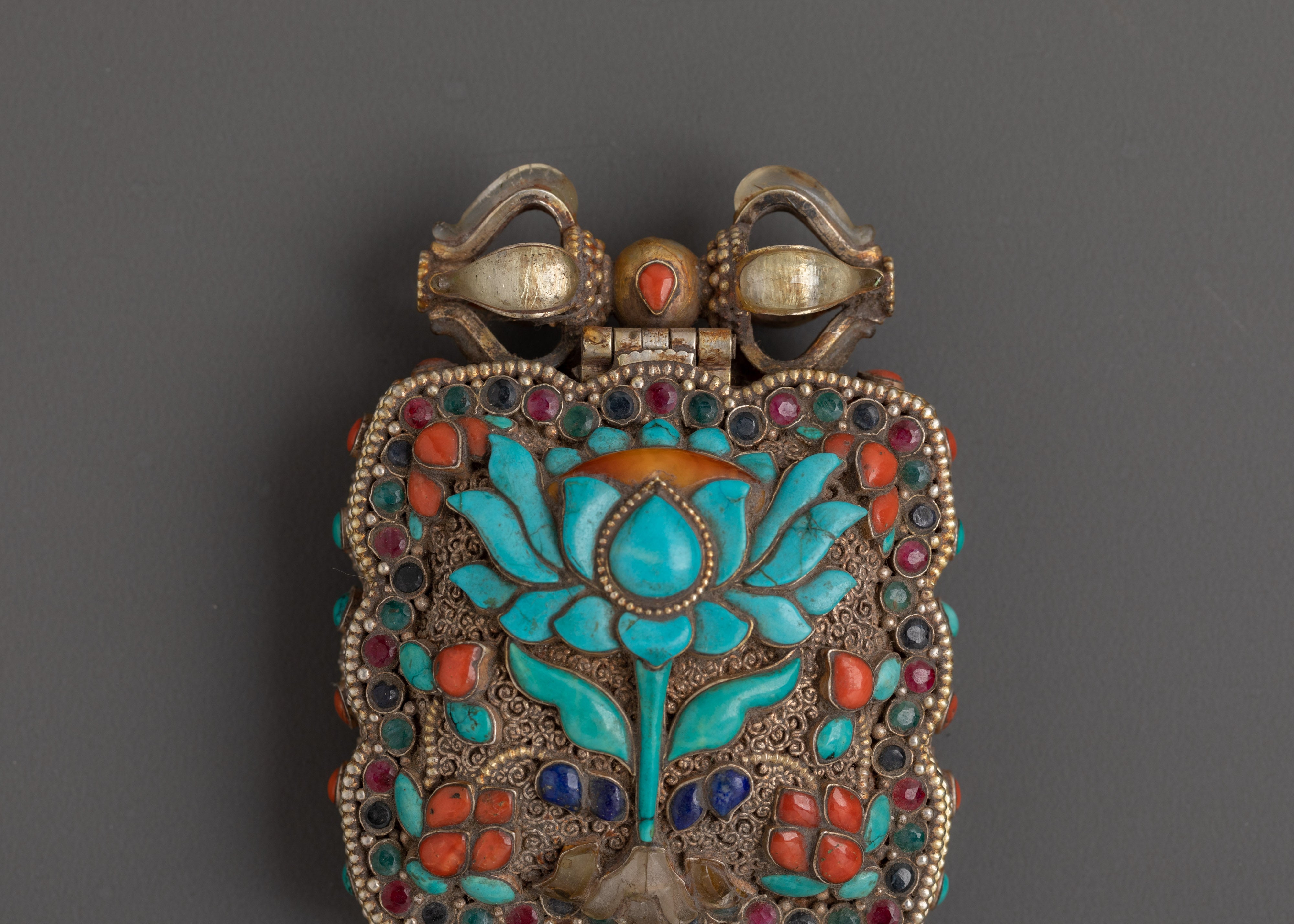 Lotus Design Tibetan Ghau Box Locket in Silver with Turquoise, Coral & Lapis