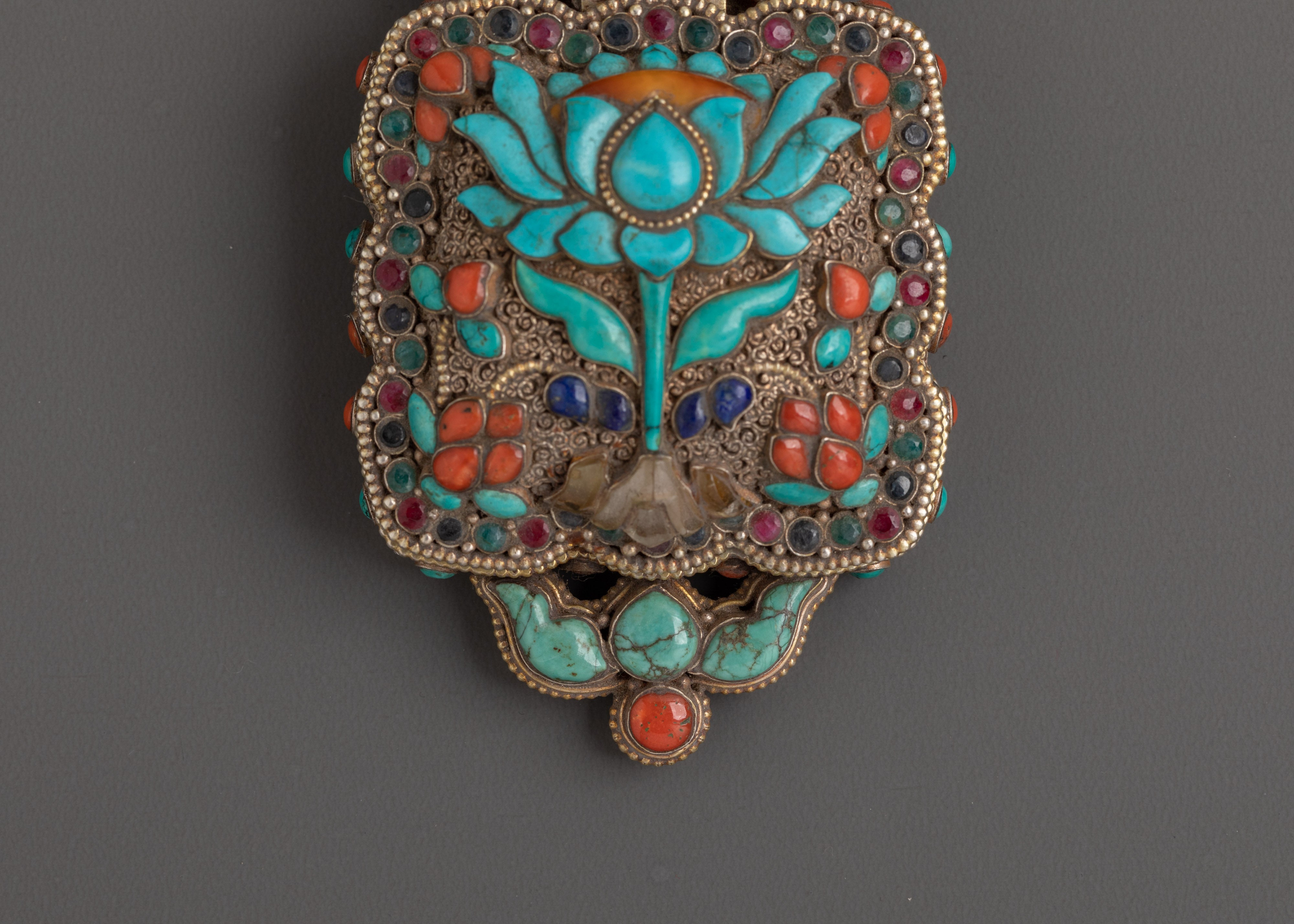 Lotus Design Tibetan Ghau Box Locket in Silver with Turquoise, Coral & Lapis