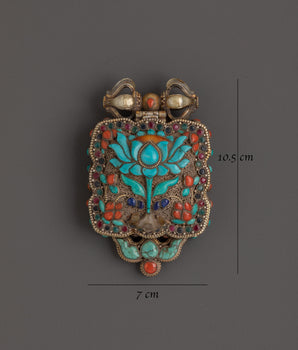 Lotus Design Tibetan Ghau Box Locket in Silver with Turquoise, Coral & Lapis