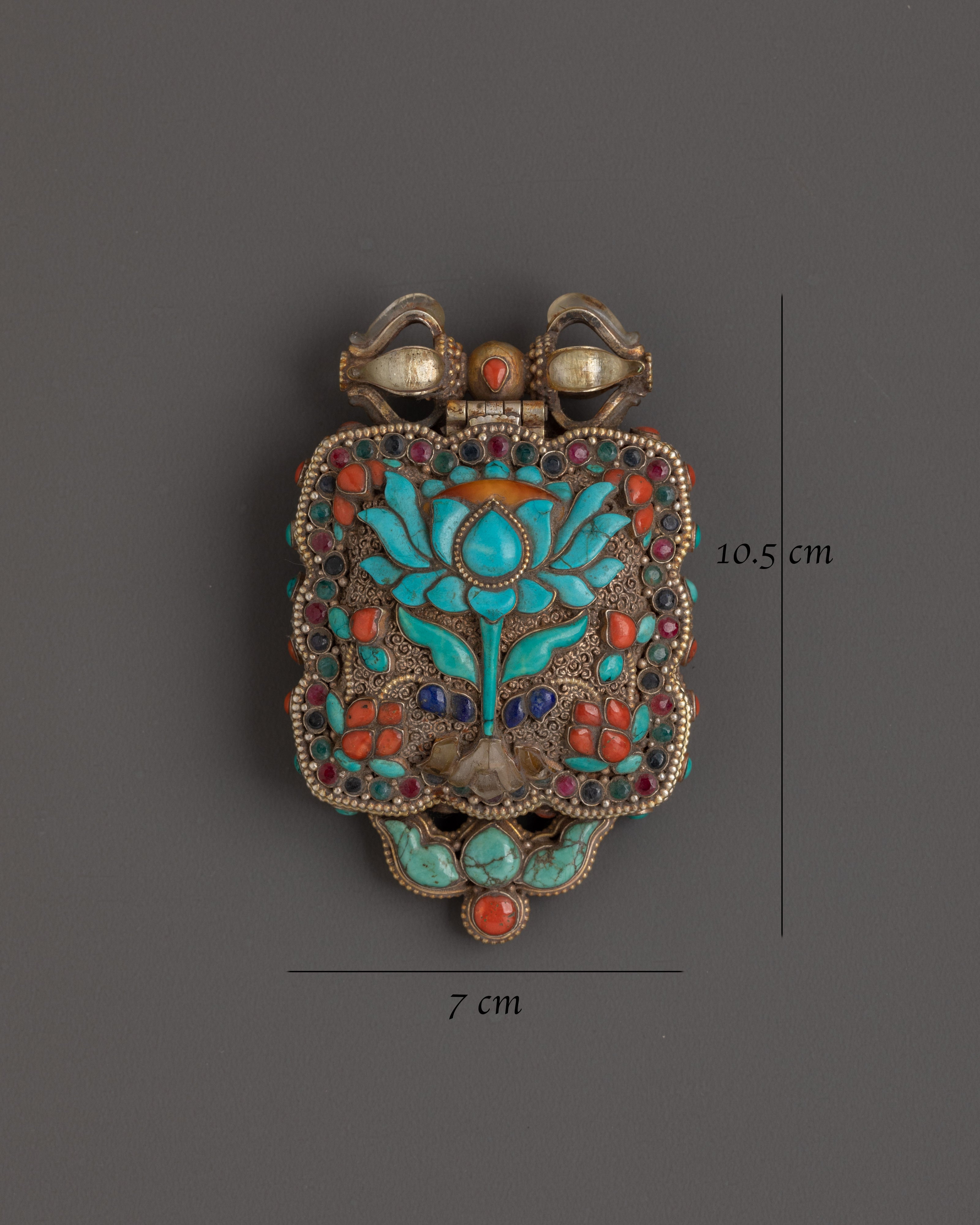 Lotus Design Tibetan Ghau Box Locket in Silver with Turquoise, Coral & Lapis