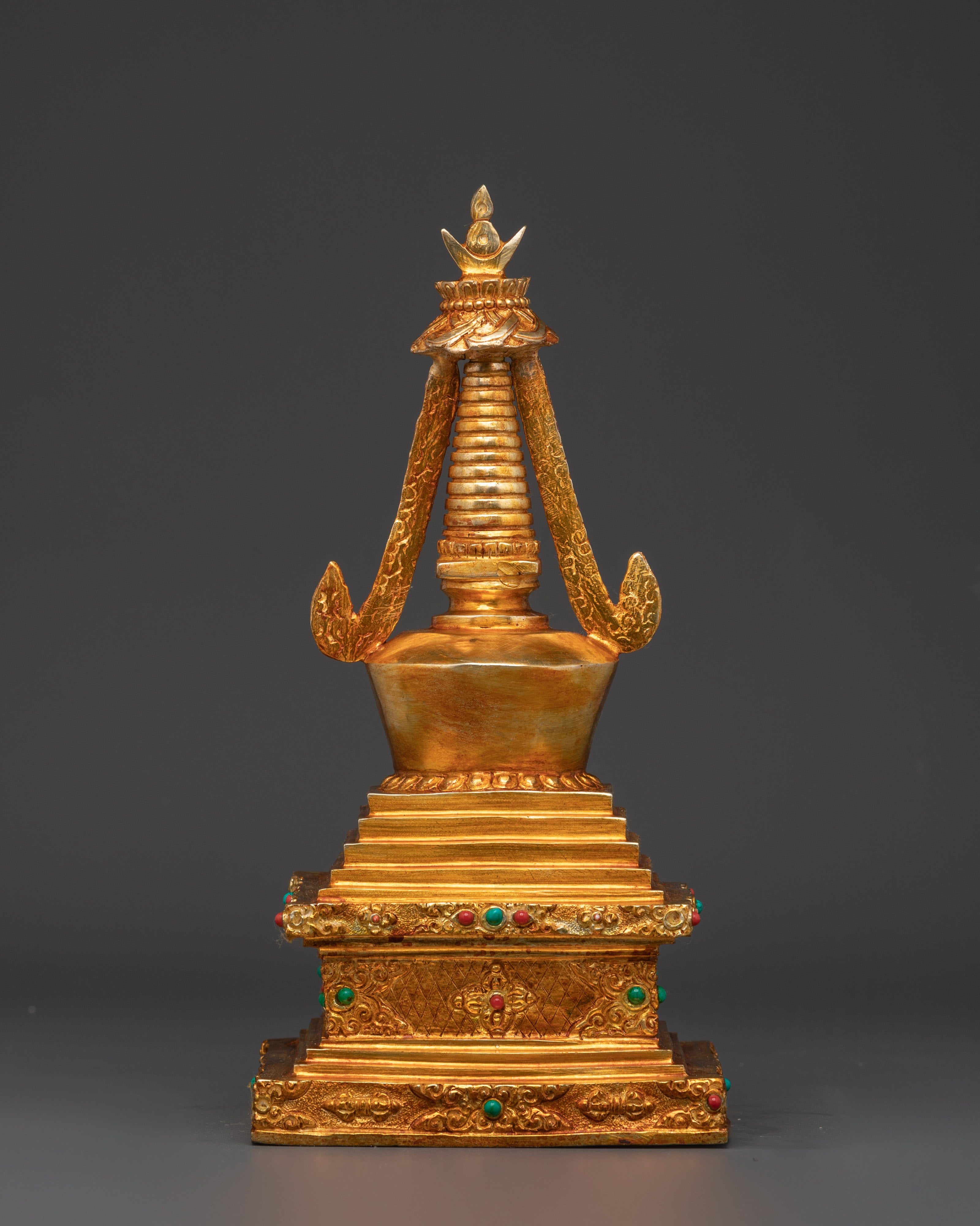 Handcrafted Stupa Collectible with Coral & Turquoise for Spiritual Meditation Decor