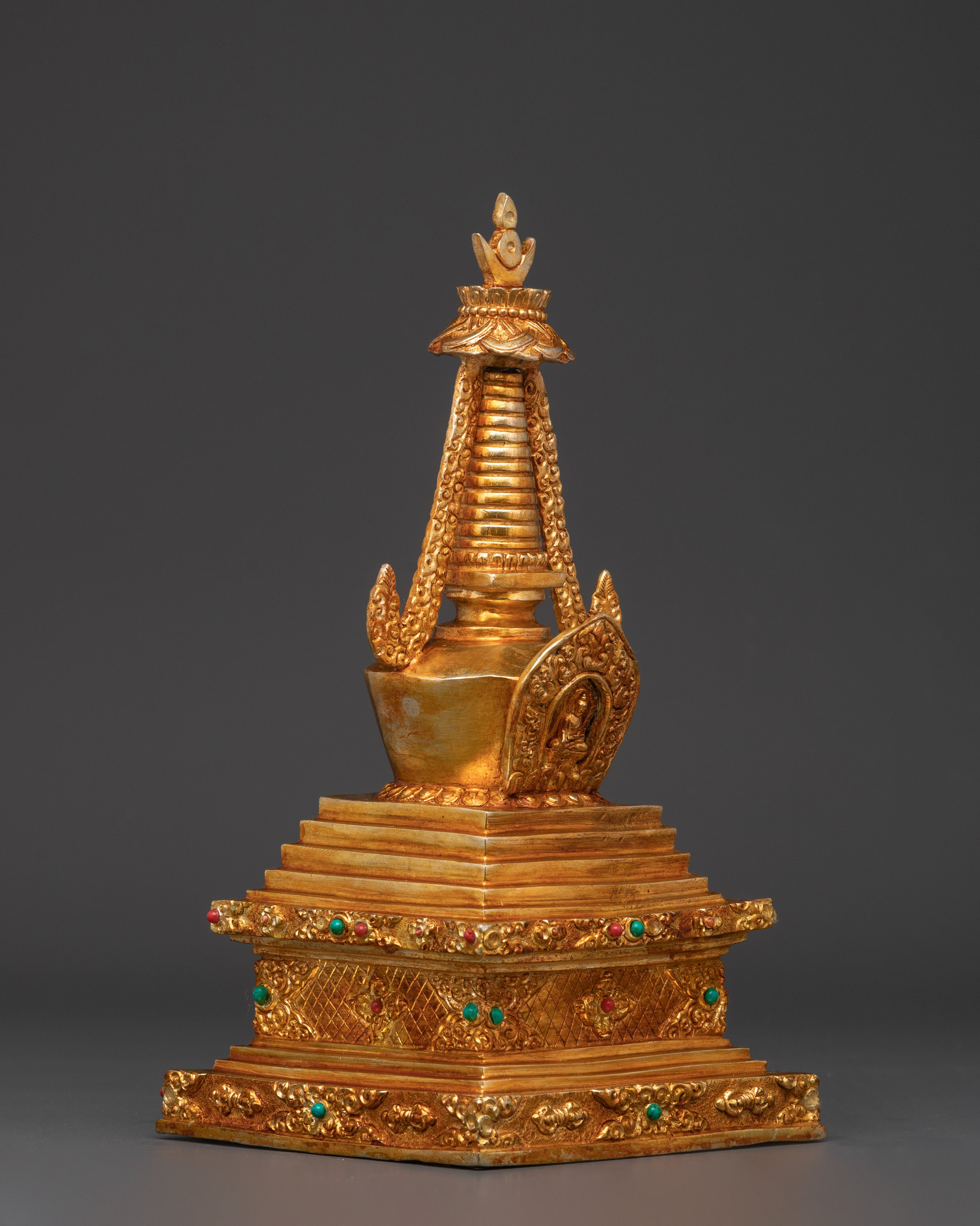 Handcrafted Stupa Collectible with Coral & Turquoise for Spiritual Meditation Decor