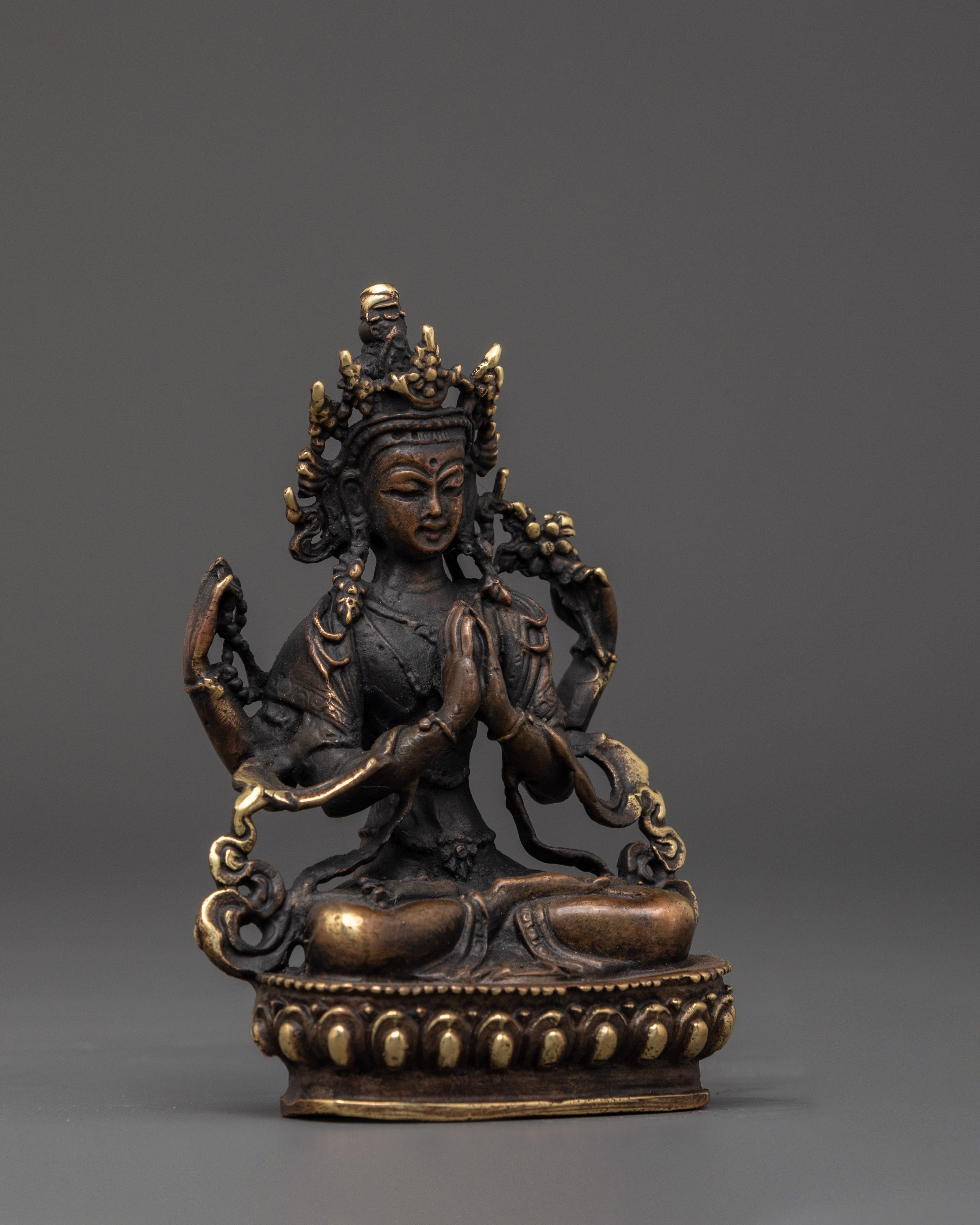 Hand-Crafted Statue of Chenrezig | Traditional Brass Artwork with Antique Finishing